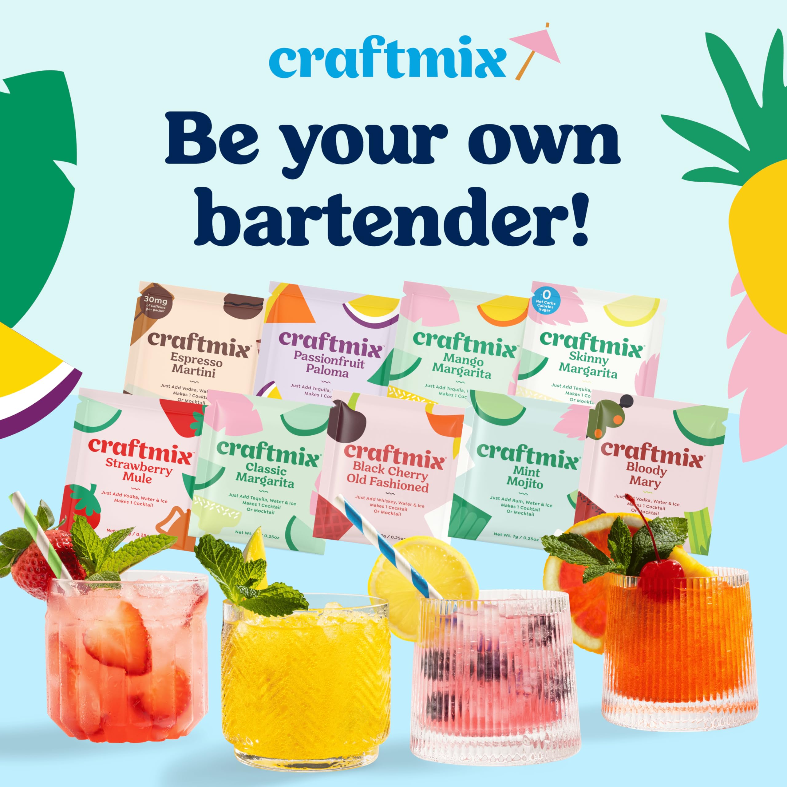 Craftmix Variety Pack Cocktail & Mocktail Drink Mixer, Skinny Mixes - Water Flavoring Packets - Made With Real Fruit - Vegan Low-Carb, Low-Sugar, Non-GMO, Dairy Free, Gluten Free, 12 Pack