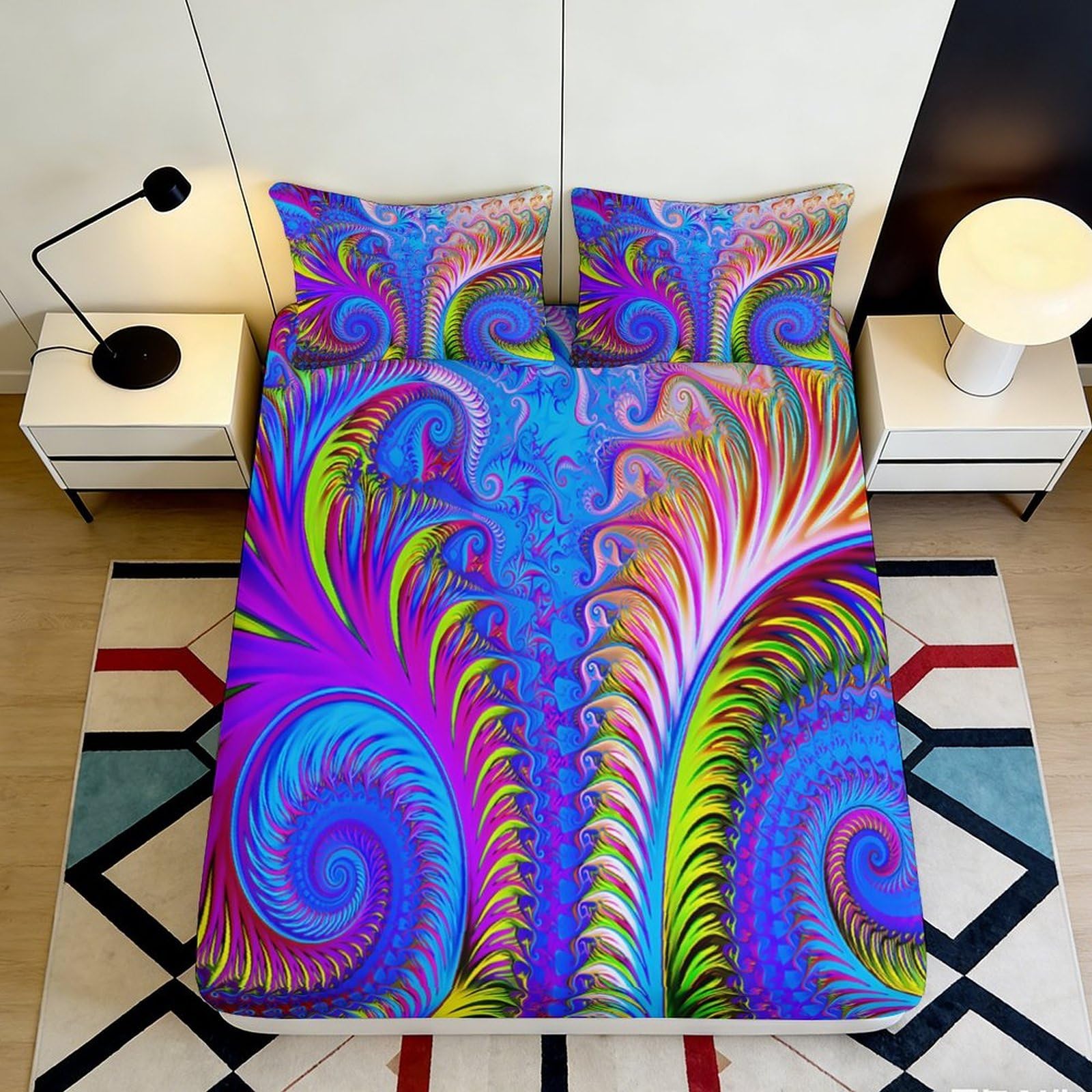 3D Printed Psychedelic Swirl Fitted Sheet Microfiber Vibrant Abstract Mattress Cover for Bedroom Guest Room Decor Protection 90x200x25cm