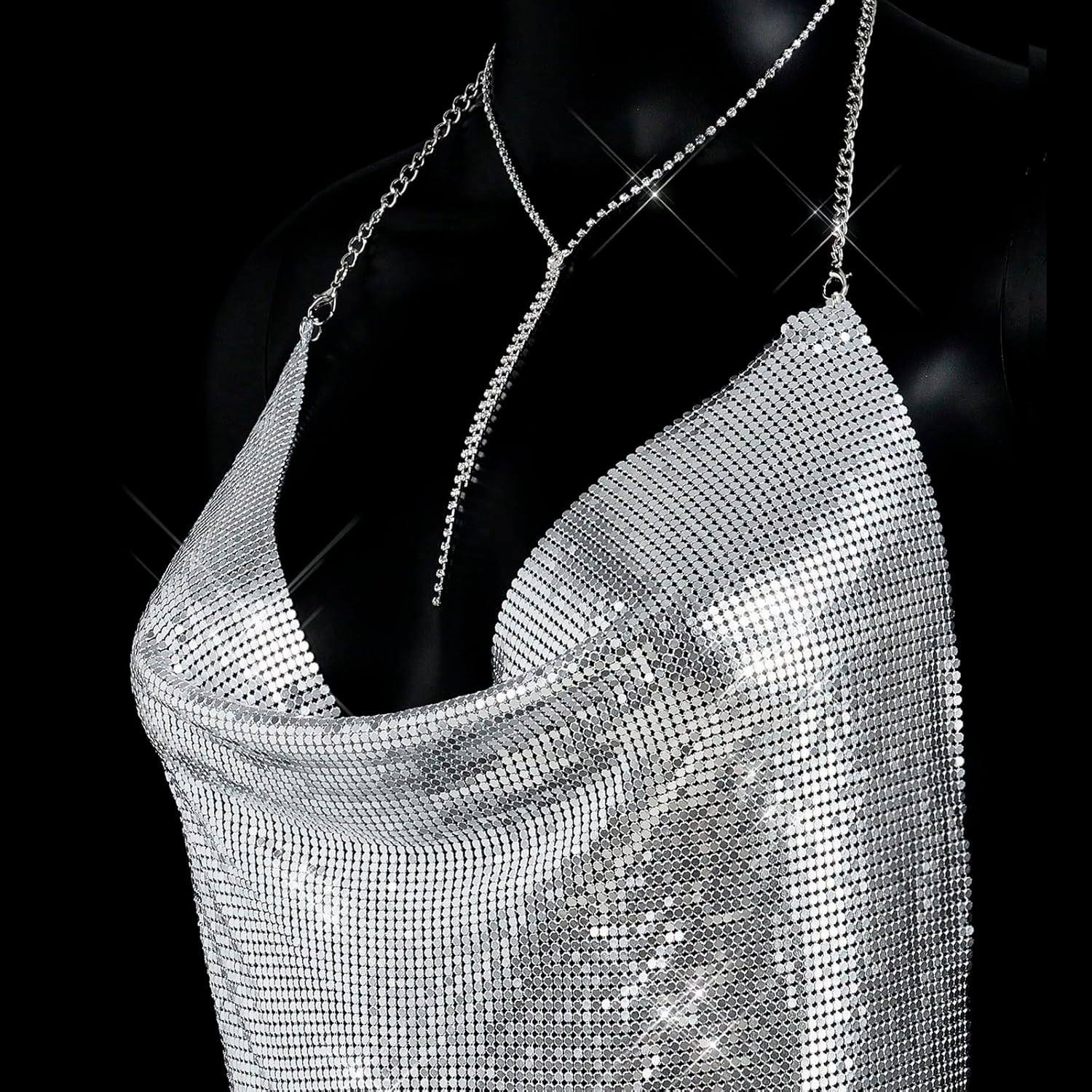 Women's Metallic Mesh Cowl Neck Halter Top Girls Sexy Sparkly Deep V Neck Crop Tank Top for Night Club Stage Performance - Image 5