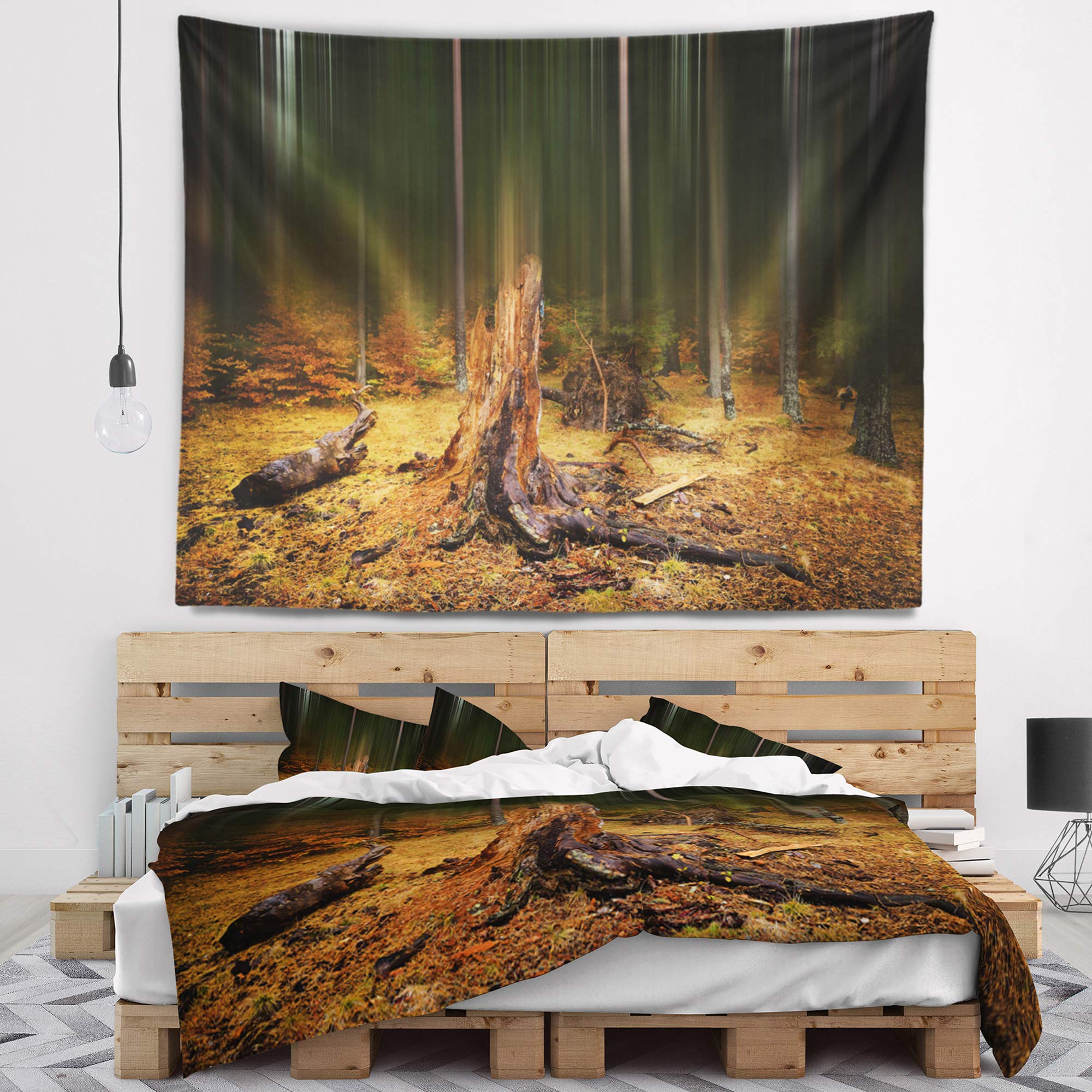 Designart ' Dark Fall Forest on Foggy Morning' Landscape Tapestry Blanket Décor Wall Art for Home and Office, Created On Lightweight Polyester Fabric Medium: 39 in. x 32 in