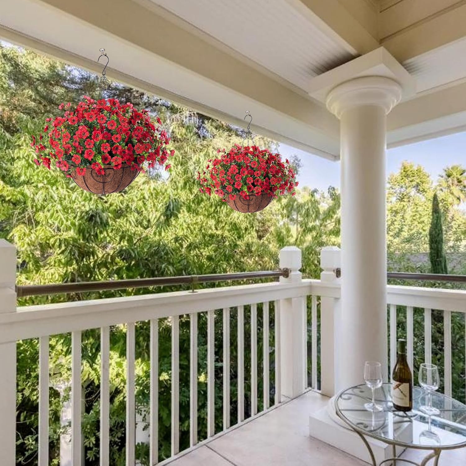 Artificial Flowers Hanging Basket for Outdoor Indoor Spring Summer Decoration,Fake Silk Colorful Daisy Eucalyptus in 12" Coconut Lining Flowerpot Arrangement for Home Patio Yard Decor(Red) - Image 5