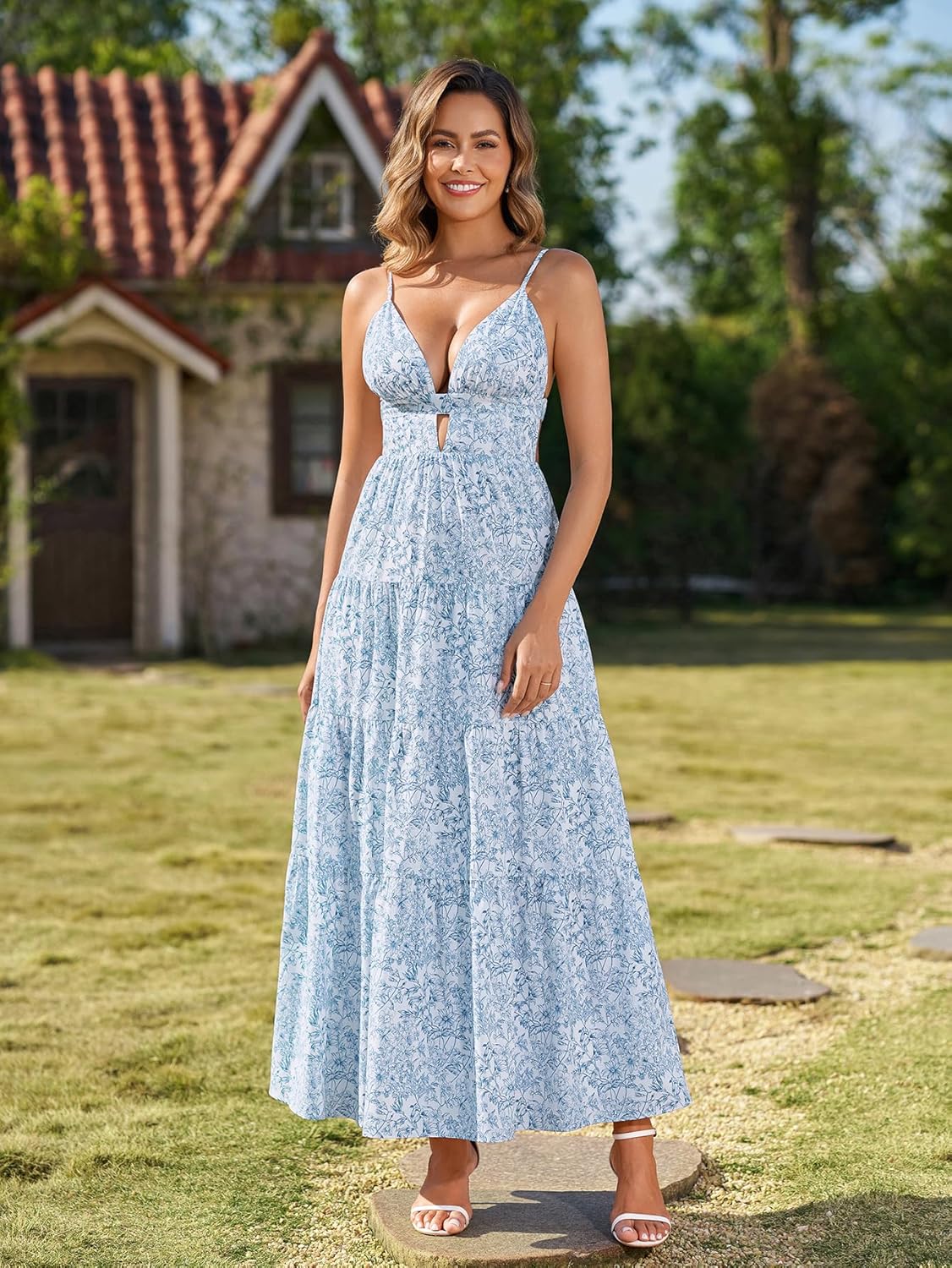 EYNMIN Summer Floral Maxi Casual Dress Boho V Neck Spaghetti Strap Long Flowy Ruffle Vacation Beach Sundresses for Women 2026