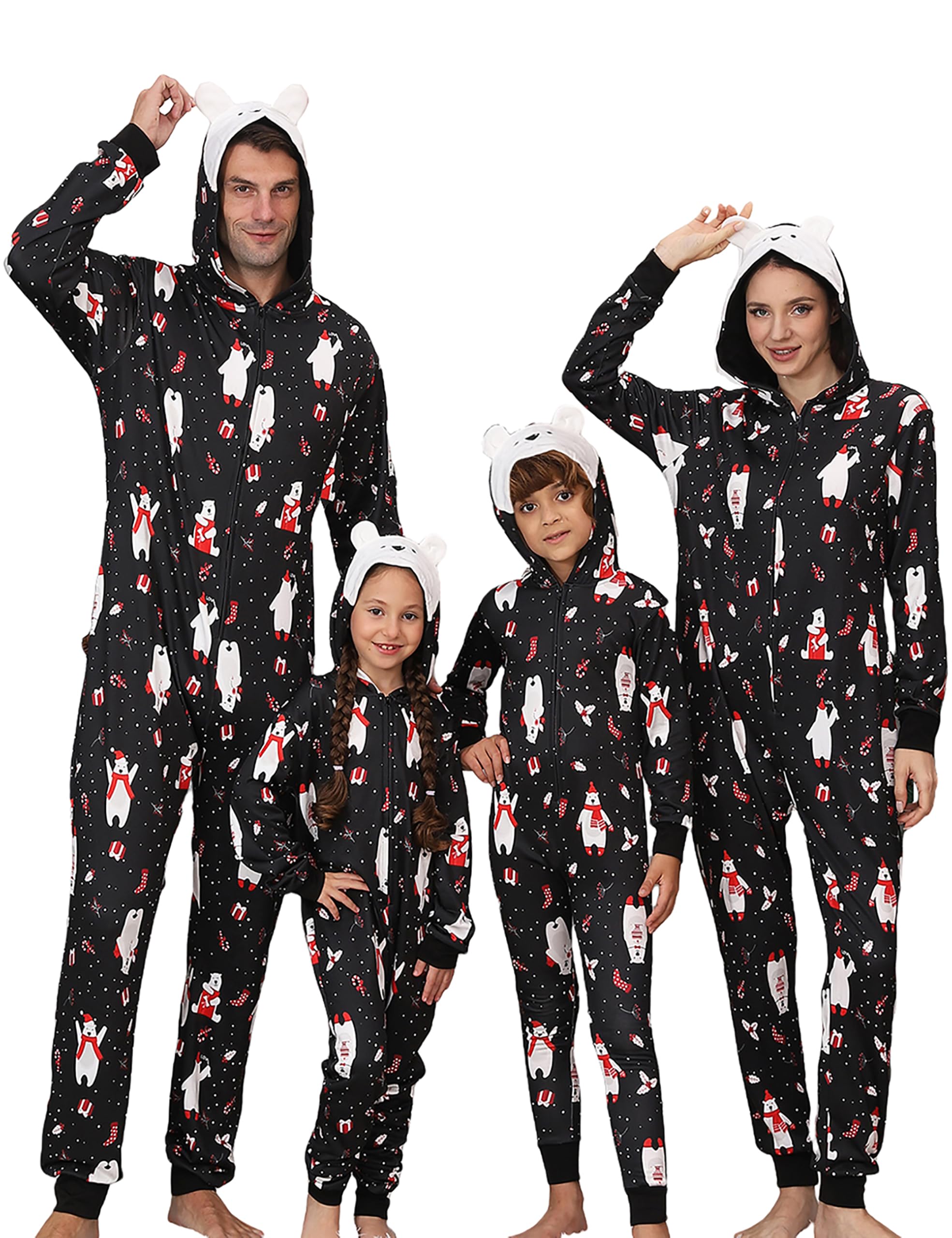 YEAXLUD Matching Christmas Holiday Polar Bear Hooded Pajamas for Family Couples Womens Sleepwear Mens Cute Xmas One Piece Pjs Funny Onesie Pijamas
