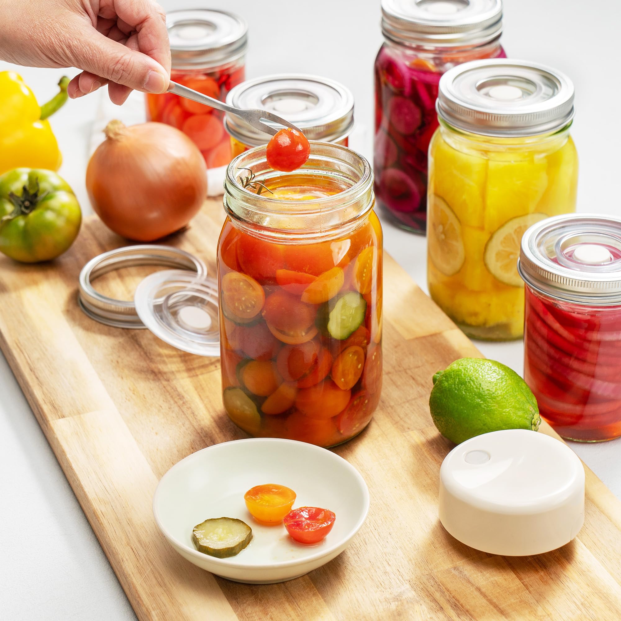 Einmachglas-Vakuumierer-Set mit breiter Öffnung, 6 Einmachgläser (473 ml + 907 ml), Deckel aus recyceltem Kunststoff, kein Öffner erforderlich, mit Quick Marination-Technologie