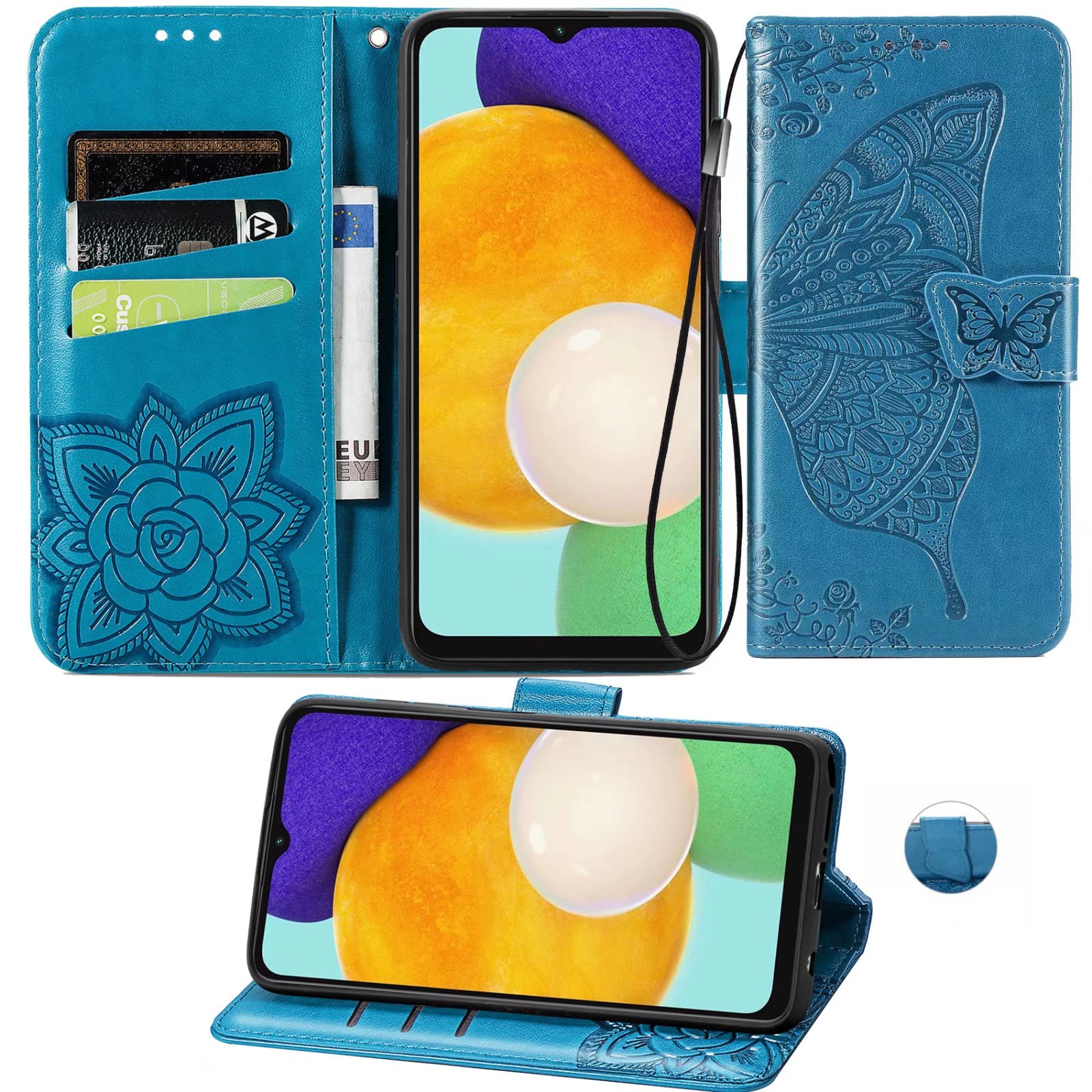 Galaxy A13 5G Wallet Case [Not for 4G],Cmeka Magnetic Leather Case for Women,3D Butterfly Flower Card Slots Folio [Kickstand] [Wrist Strap],Protection Flip for Samsung Galaxy A13 5G Phone Case Blue