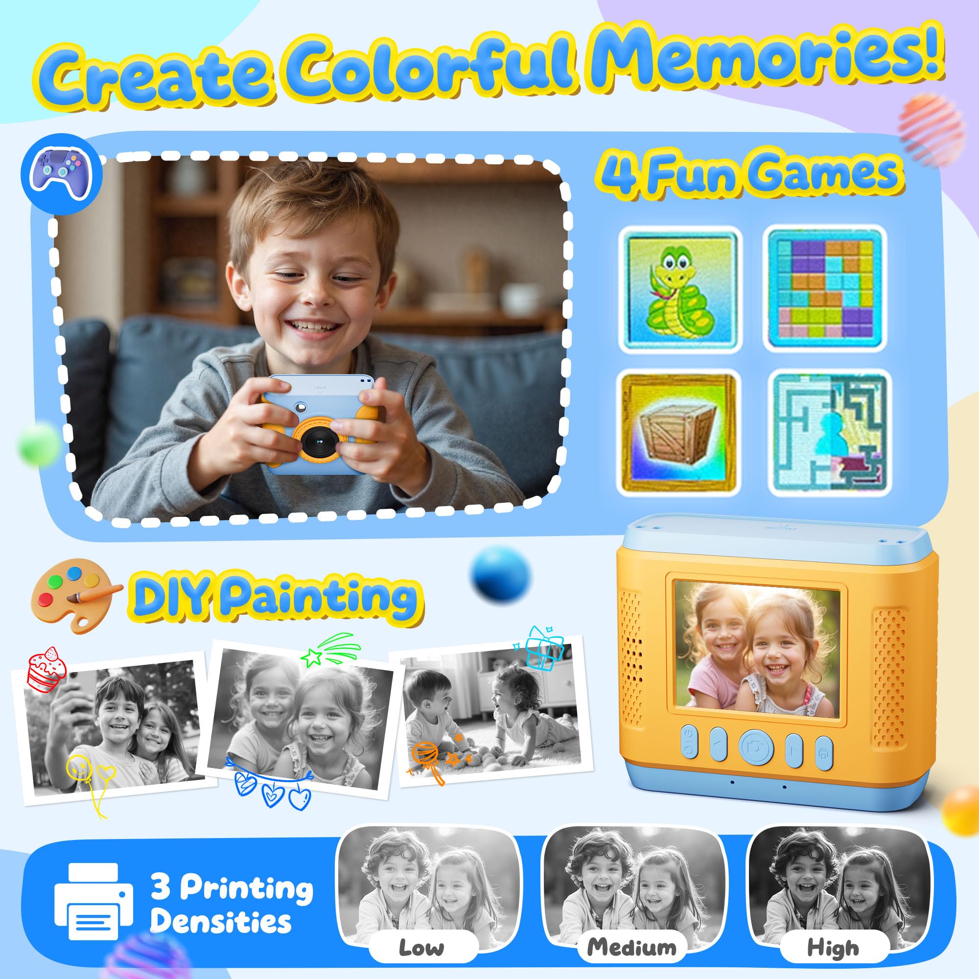 CalineGam Macchina Fotografica Bambini Istantanea – Schermo 3.0", 48MP, Video, Scheda 32GB, 7 Densità Di Stampa, 3 Giochi, Regalo 3-12 Anni (Viola)