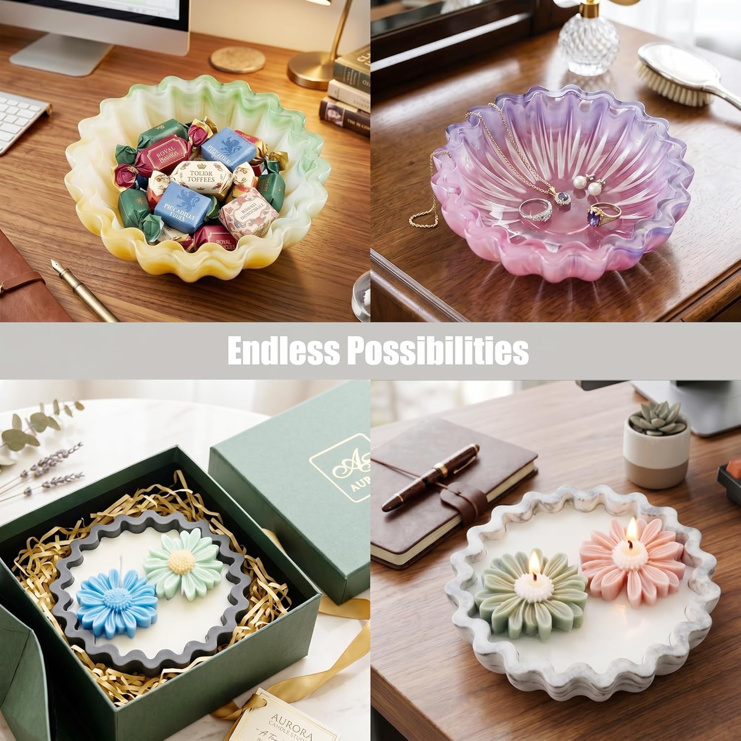 Silicone Bowl Mold with 2 Daisy Flower Silicone Molds for Candles, Flower Candle Mold, Resin Bowl Mold for DIY Tray, Trinket Holder, Candle Vessel, Soap Wax Making
