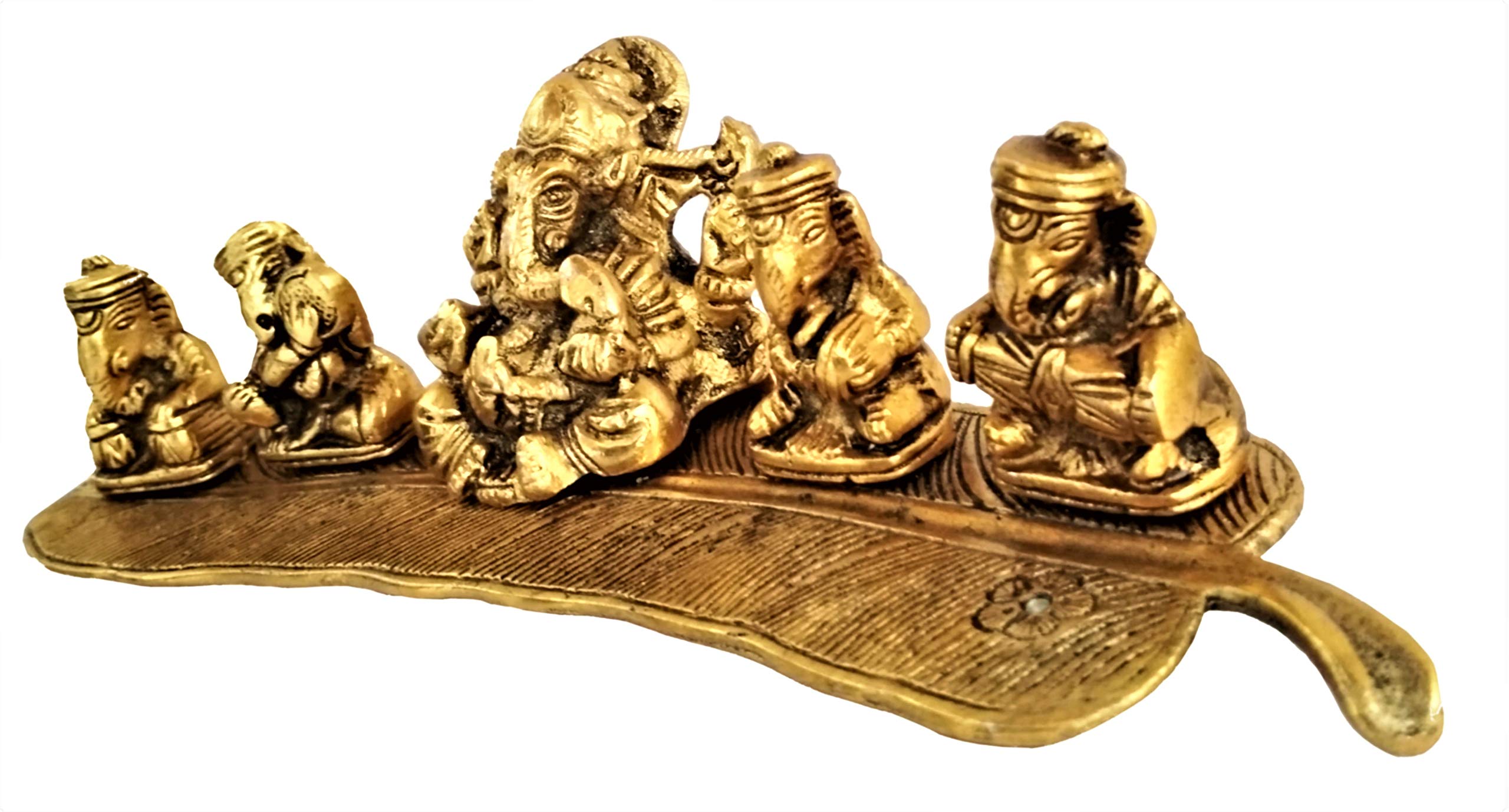 Purpledip Metal Idol Ganesha on Banana Leaf: Set of 5 Ganeshas Playing Divine Music (11551) - Image 5 thumbnail