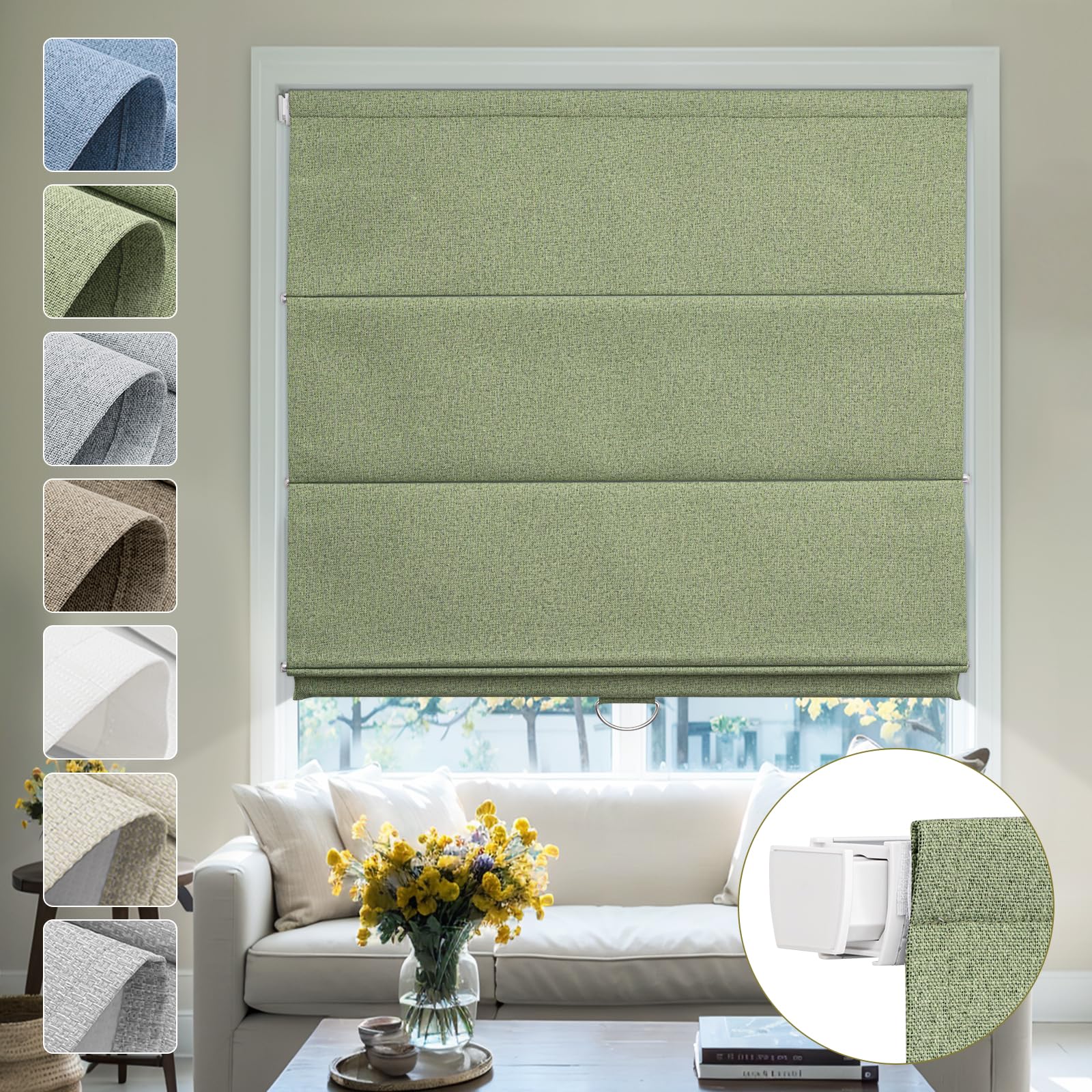 Moonice No Drill Roman Blinds for Windows Blackout Cordless Linen Roman Shades Elegant Fabric Shades for Indoor Windows,Thermal Insulated Tension Blinds for Bedroom Home Office,Green
