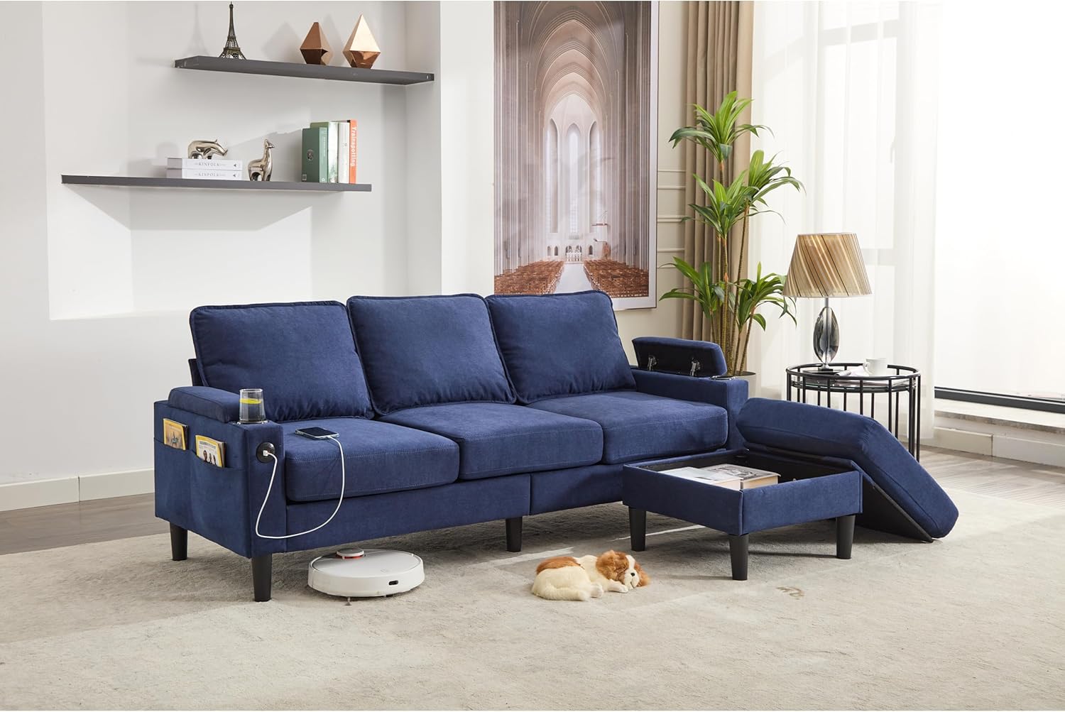 Blue Modular 3-Seat Sectional Sofa with Storage Ottoman, USB Charging & L-Shaped Design for Living Room, Apartment, Bedroom - Sweeper-Friendly & Convertible Layout