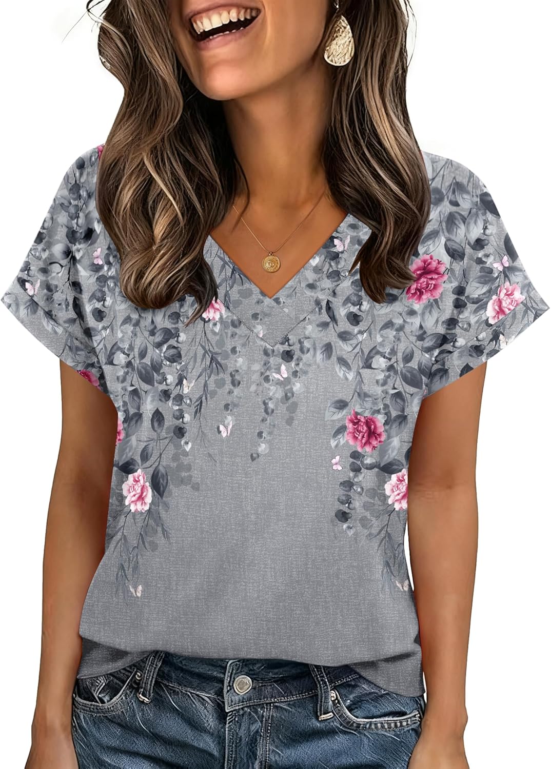 Zeagoo Womens Summer Tops Rolled Short Sleeve V Neck Shirts Casual Dressy Business Work Blouses Outfits