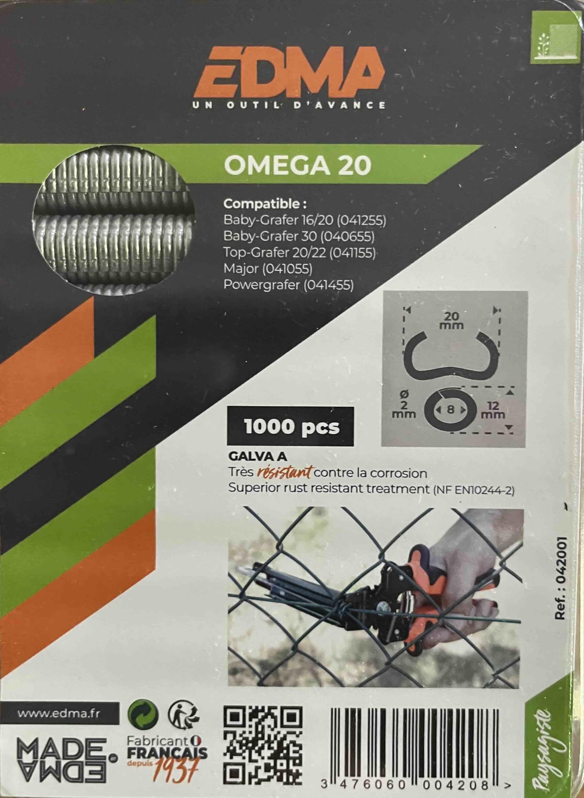 EDMA Omega 20 Zaunringe, 1000 Stück, verzinkt, 20mm, inkl. Baby-Grafer-Zange
