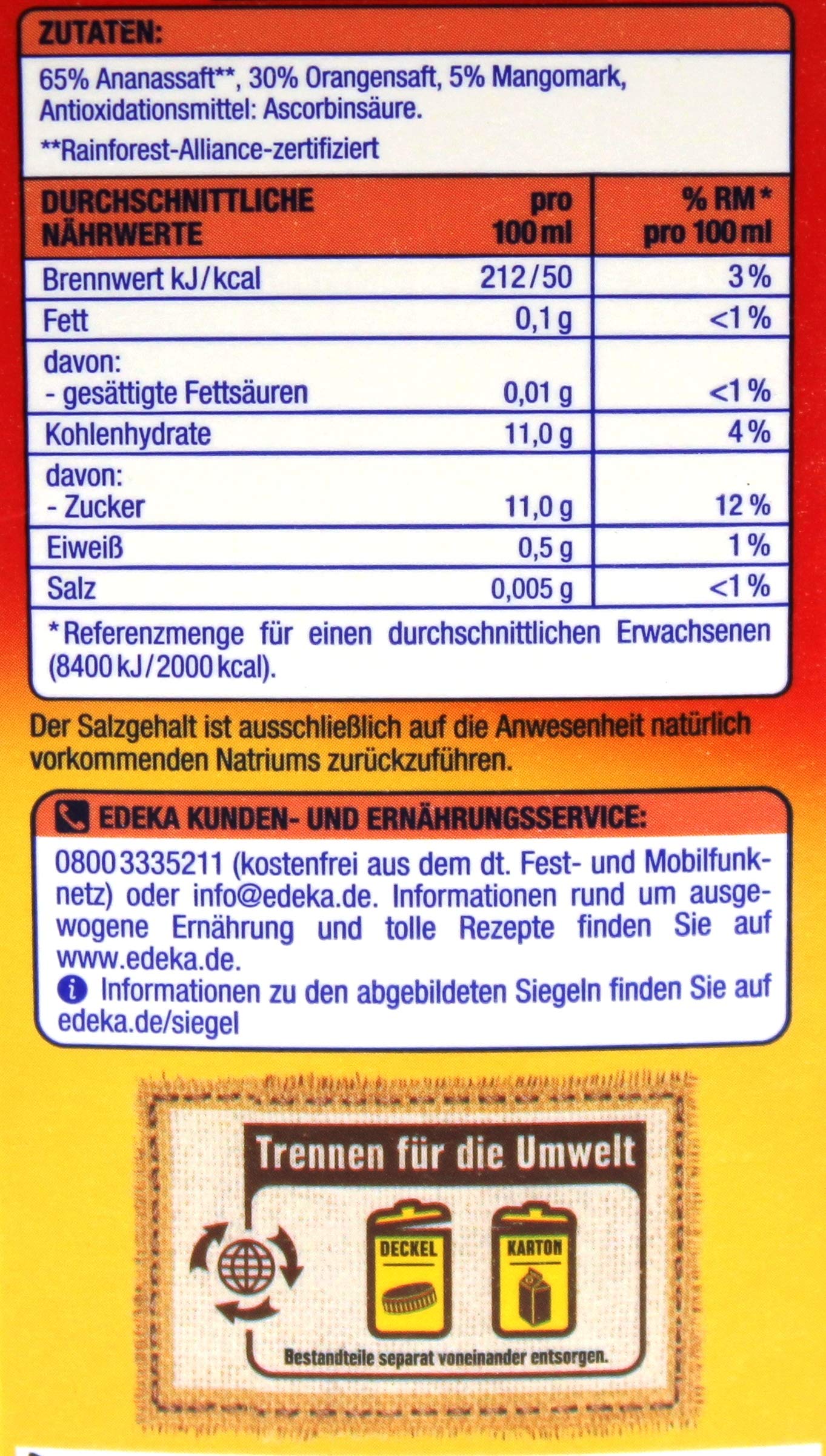 EDEKA Premium Tropical Direktsaft Ananas-Orange-Mango, 8er Pack (8 x 1 l)