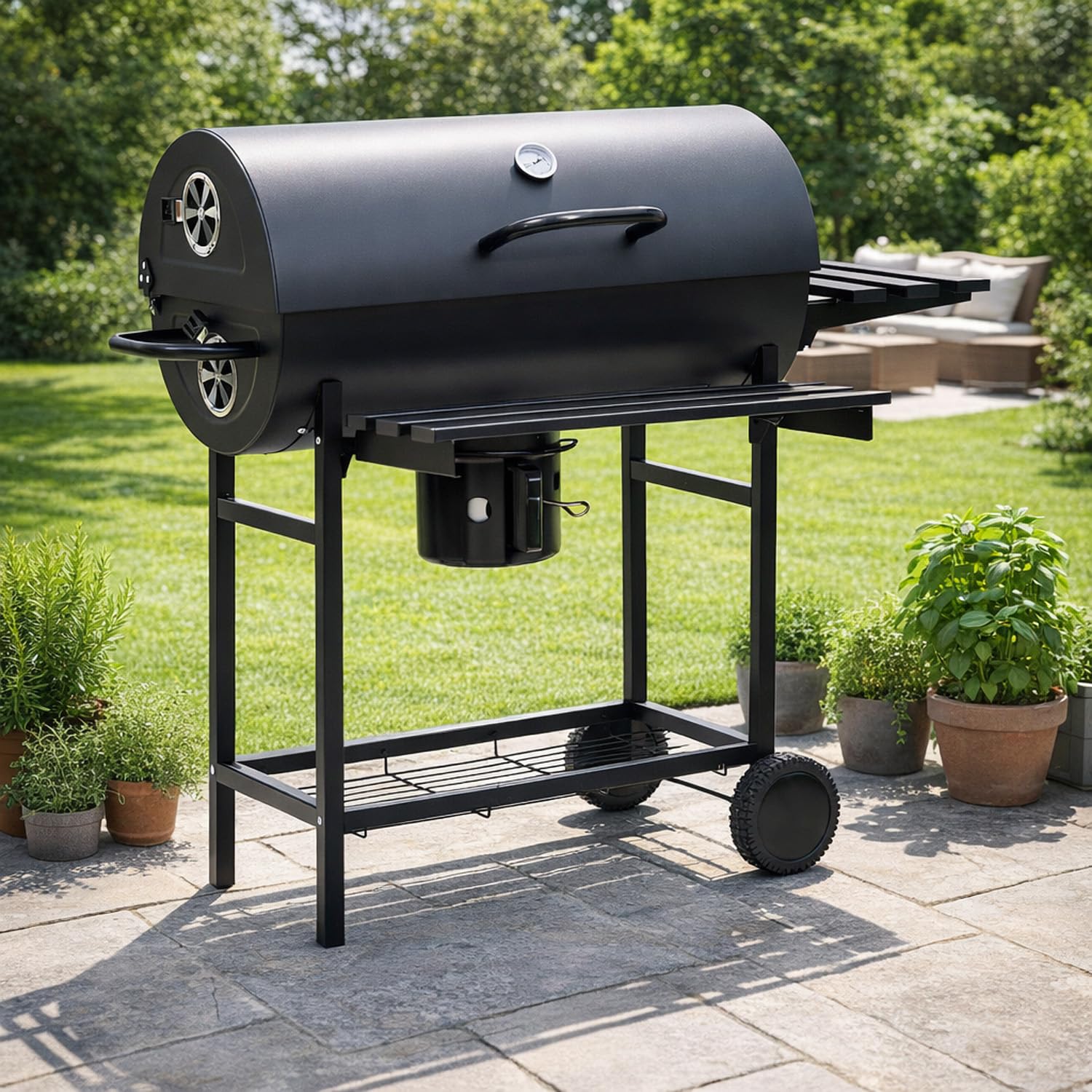 BRICOZONE Barbecue A Carbone Con Coperchio Termometro Integrato Grill BBQ In Acciaio Con Ruote Ripiani E Ventilazione Regolabile Pinza E Guanti Ideale Per Giardino Terrazzo E Balcone Cm Nero