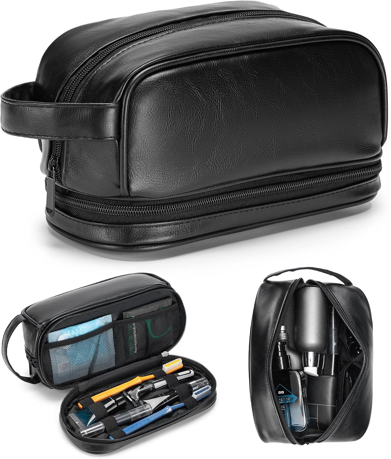 TSA Approved Toiletry Bag for Men Vegan Leather Travel Essentials Shaving Dopp Kit Toiletries Organizer Case for Grooming Farther Day Gift,Black
