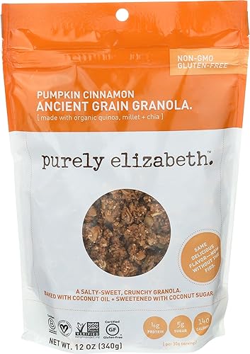 Purely Elizabeth - Granola de grano antiguo, sin gluten, vegana y sin OMG, certificado orgánico, horneado con aceite de coco, calabaza y canela, 12