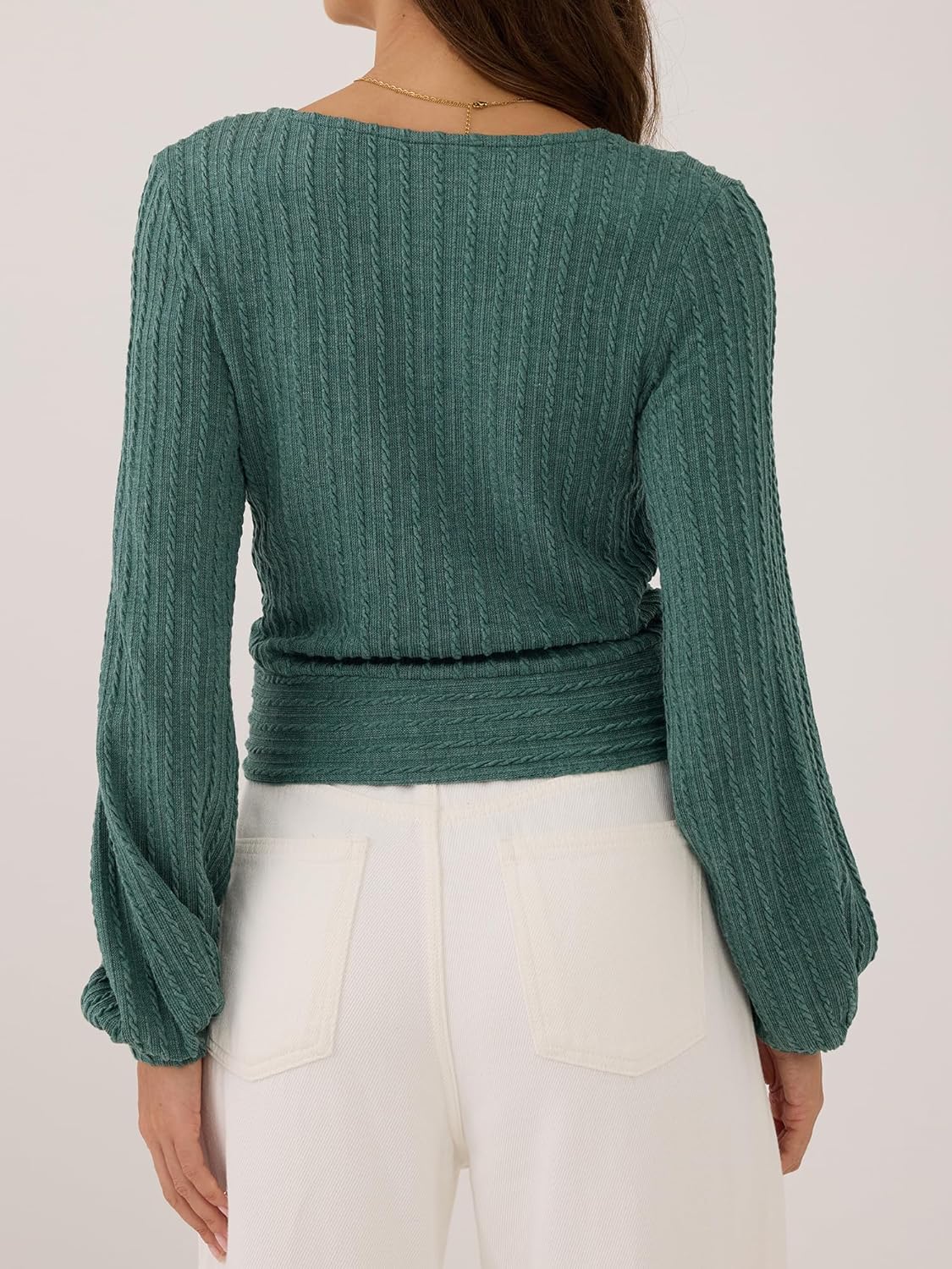 Women's Pullover Ribbed Cropped Knitwear Drawstring Ruched Knitted Crop Top Solid V-Neck Long Sleeve T-Shirt - image 5