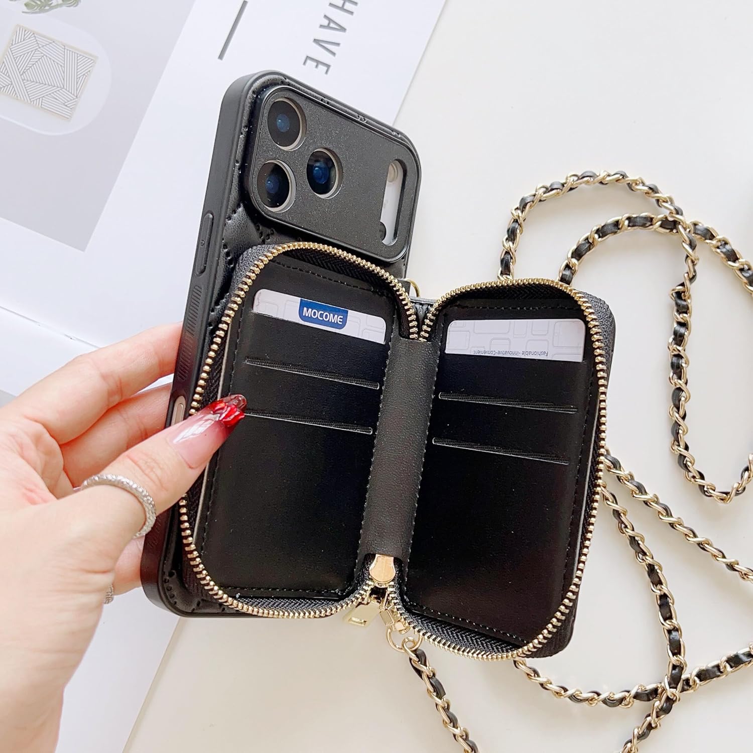 Compatible with iPhone 17 Case Wallet for Women, Stylish Crossbody Wallet Case with Detachable Chain Strap&Card Slots Holder, Quilted PU Leather Kickstand Phone Cases for iPhone 17, 6.3 inch