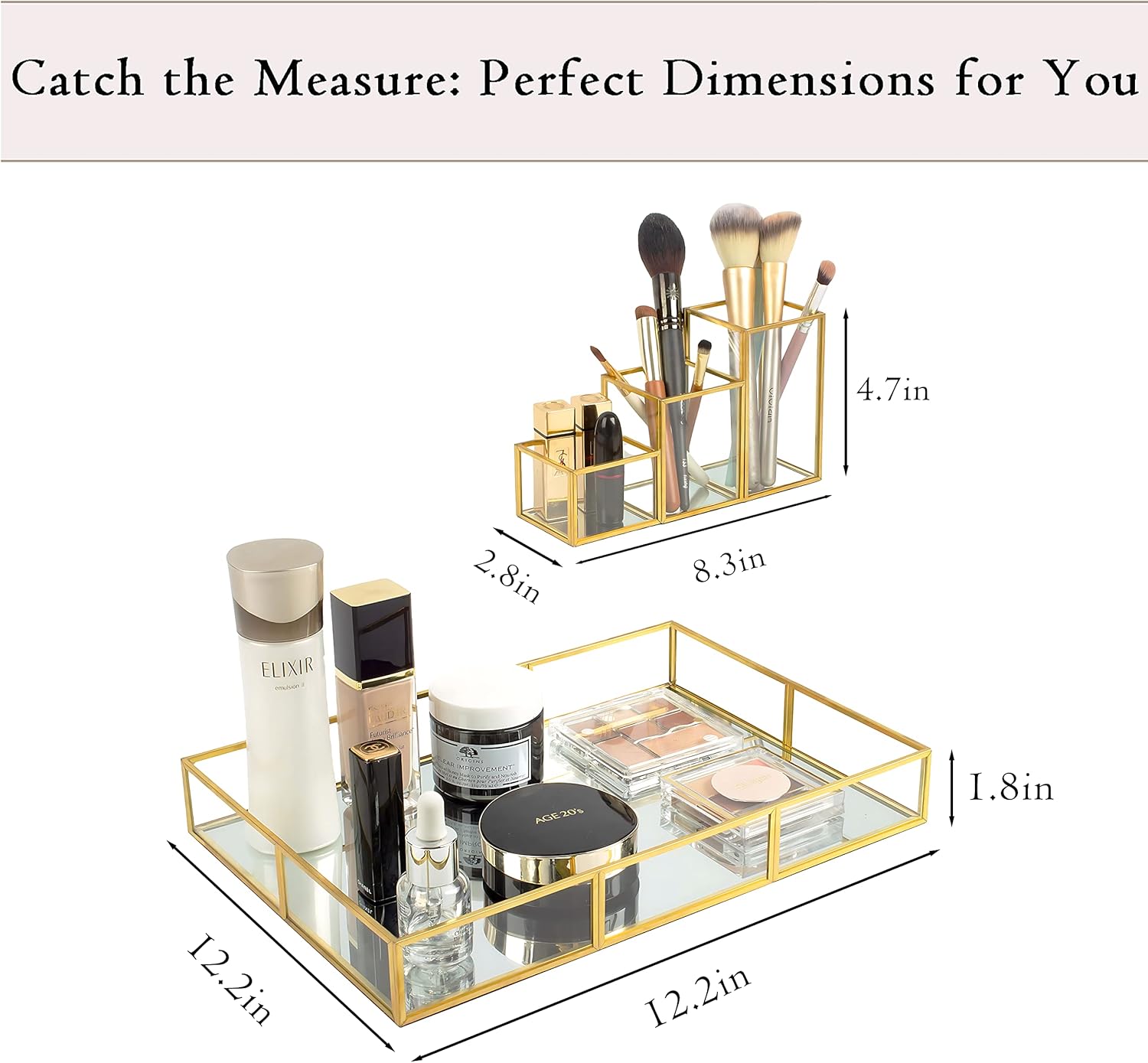 Gold Metal Frame and Glass Vanity Tray Set, Large Decorative Platform for Perfumes, Makeup Brushes, Jewelry Display, Office Stationery Holder, Sophisticated Design, 12.2x8.5x2.2 in