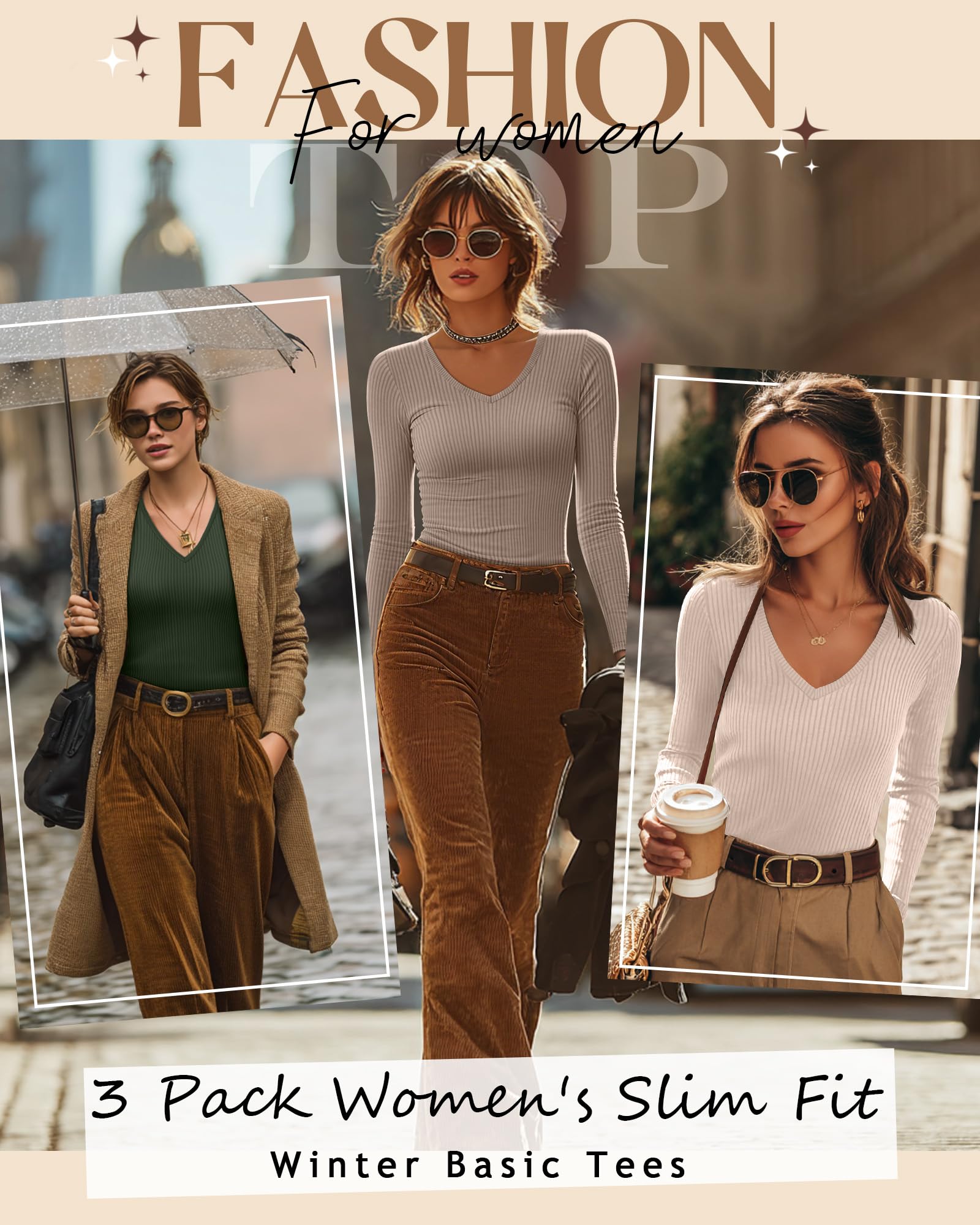 Riyiper 3 Pack Women Long Sleeve Shirts, 95% Cotton V Neck Ribbed Knit Tops Slim Fit Casual Going Out Tee Shirts