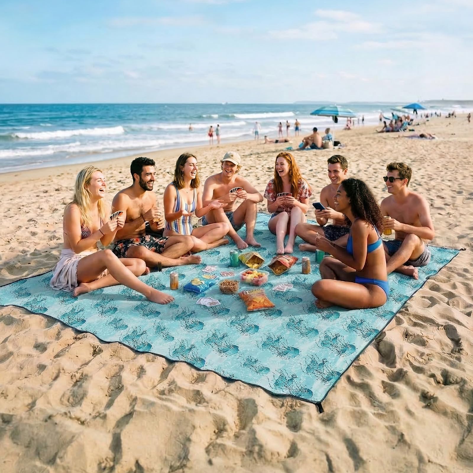 Beach Blanket Sandproof Waterproof,274 x 305 cm Extra-Large Beach Mat with Stakes & Travel Bag,Lightweight,Quick Dry,Portable Picnic Mat Beach Essentials for Outdoors,Cruise,Picnic &Camping,Jellyfish