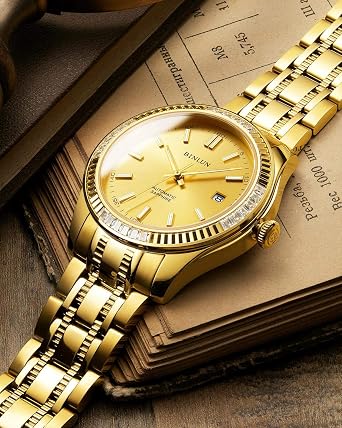 BINLUN Men's Automatic Gold Watches 18K Gold Plated Diamond Mechanical Watch Waterproof Stainless Steel Skeleton Wrist Watch for Men