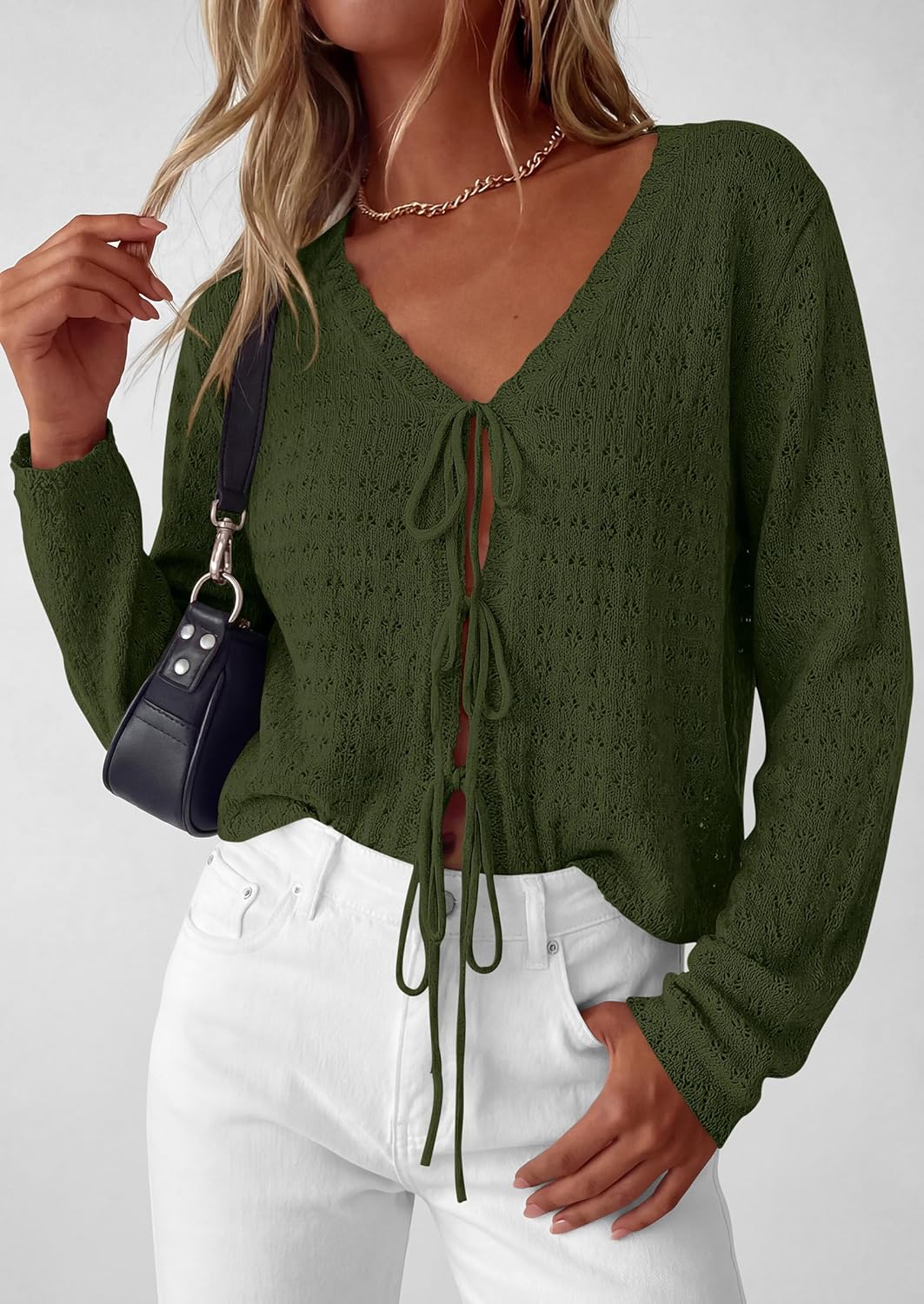 PRETTYGARDEN Crochet Cardigan Sweaters for Women Trendy Spring Summer Long Sleeve Tie Front Tops Boho Beach Vacation Clothes - Image 4