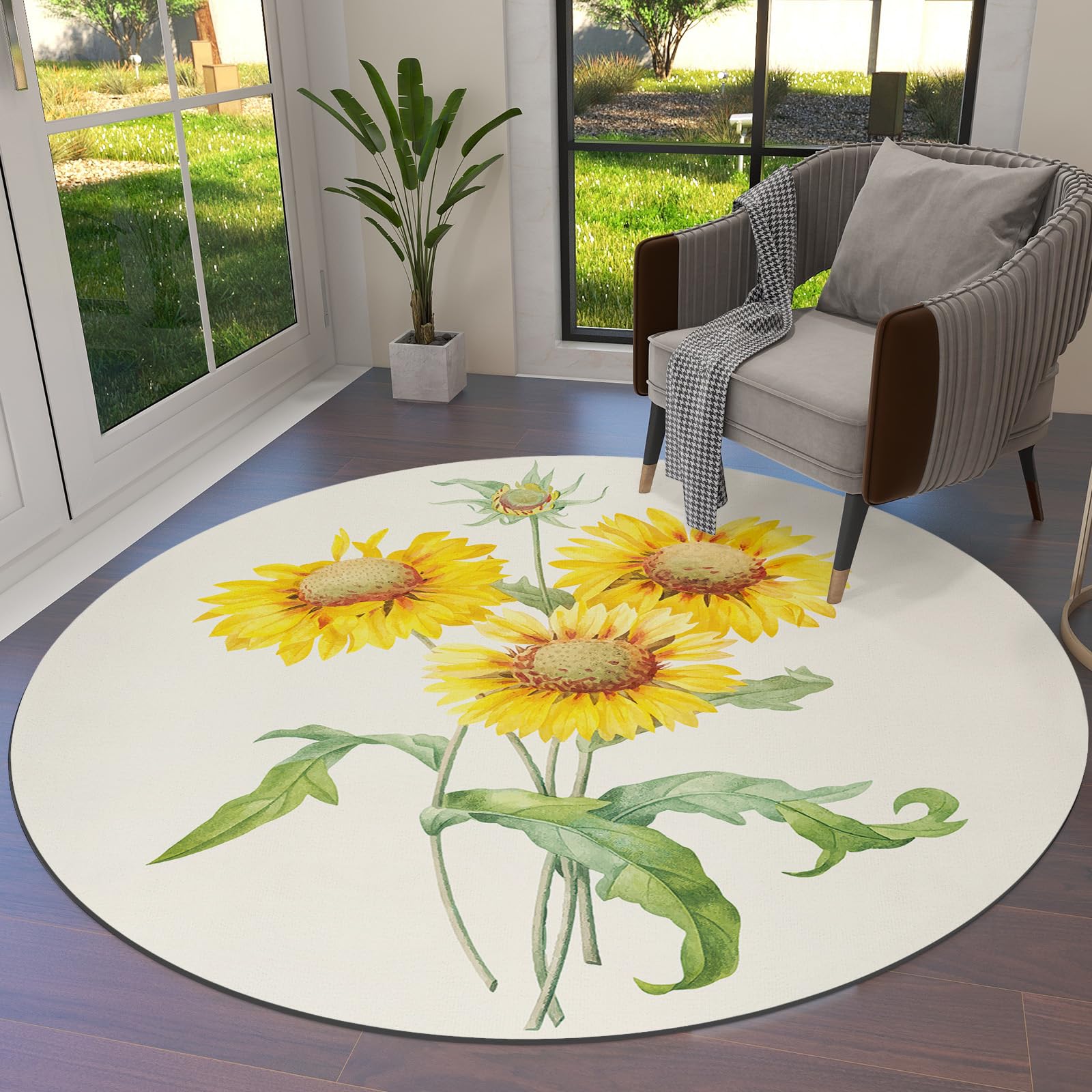 Round Area Rug 4ft Sunflowers with Watercolor Painting Effect Rug Soft Sofa Nursery Carpet Floor Mat Area Rugs for Indoors/Outdoor Living Room Bedroom