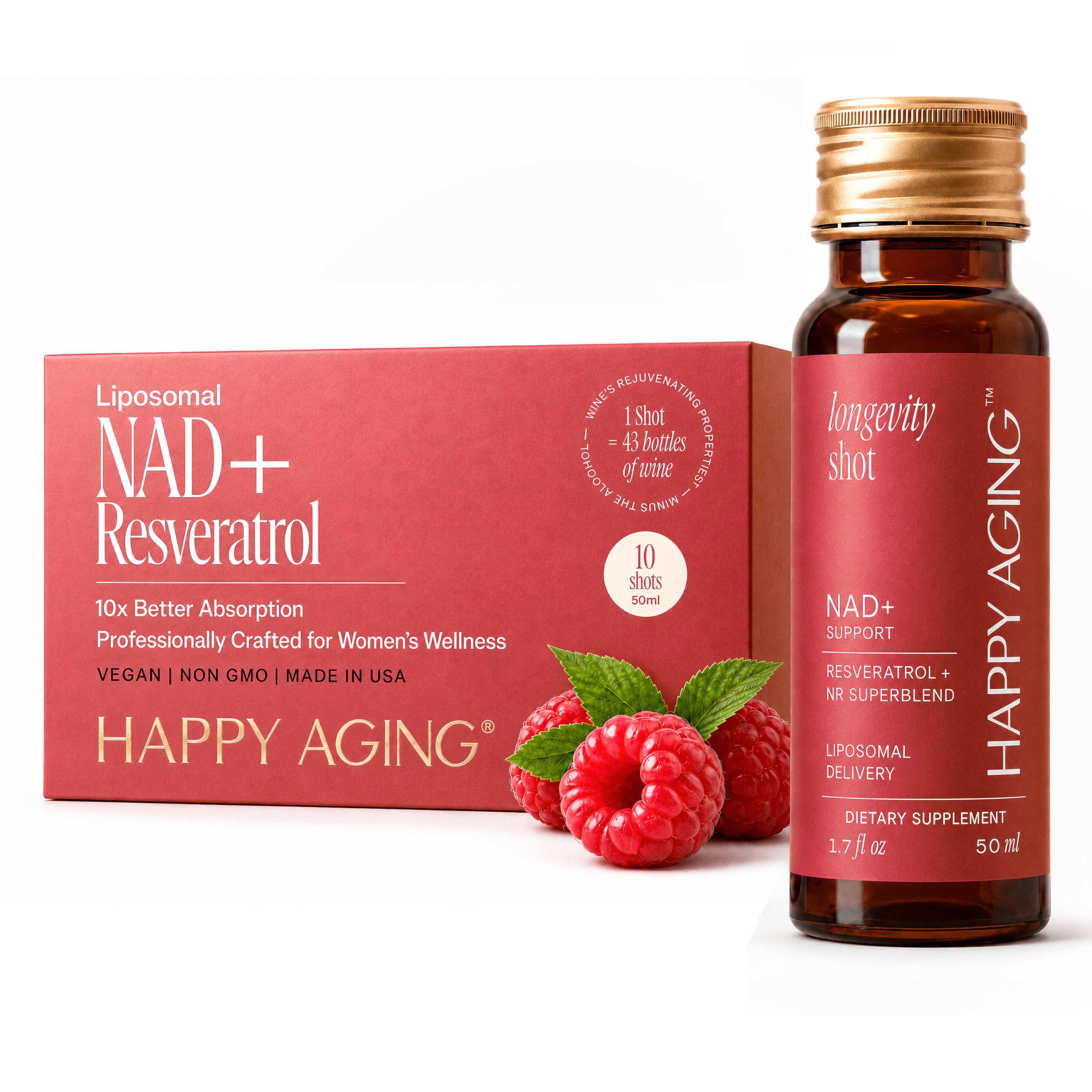 Happy Aging Suplemento líquido antioxidante para mulheres com ribosídeo de nicotinamida, resveratrol e ceramidas, 10 doses