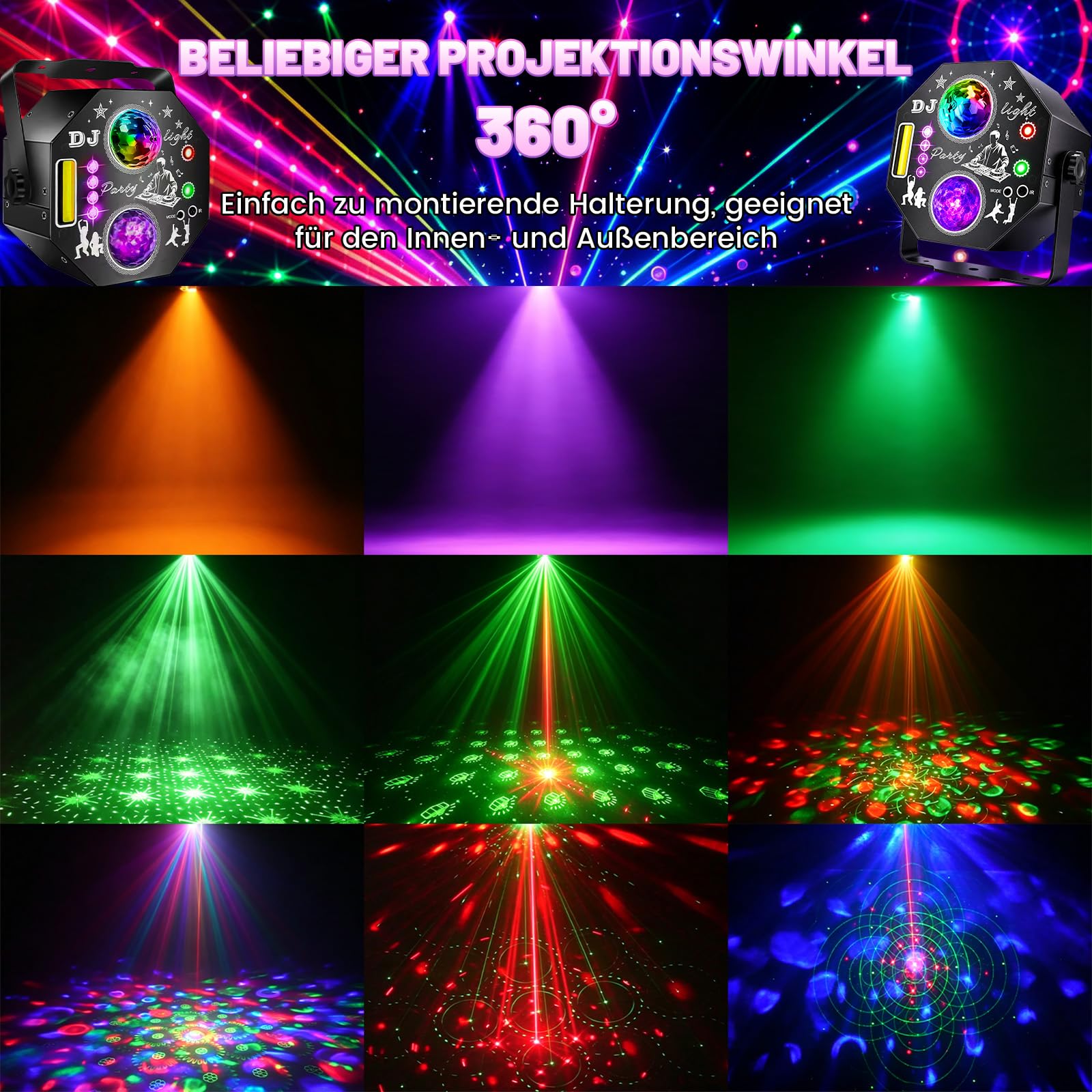 7-in-1 Discokugel, Discolicht Partylicht, 96 Muster & UV-Stroboskop