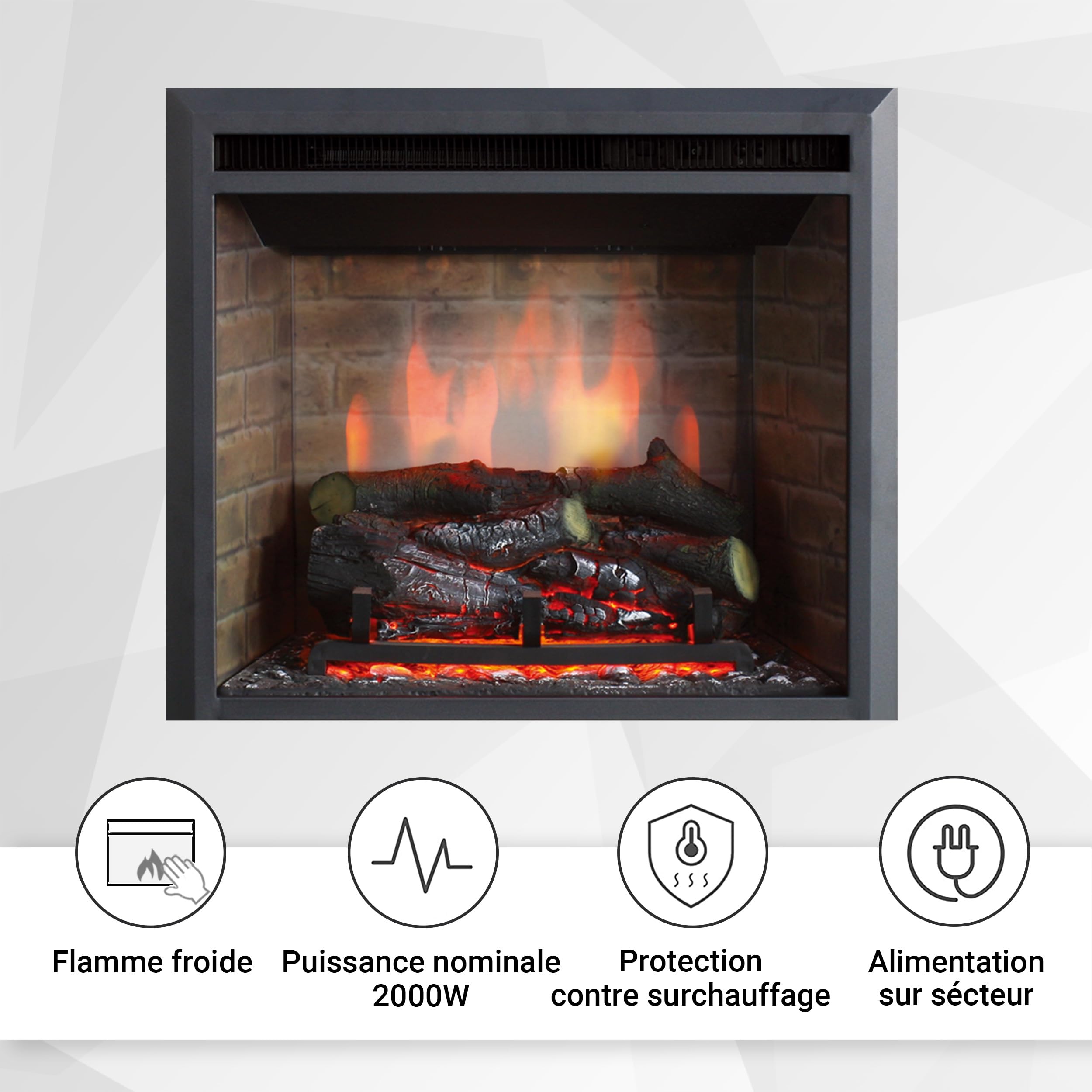 BALDERIA cheminée électrique Calida 23" | Foyer électrique Mural avec Effet de Flammes 3D | Chauffage 2000W, éclairage LED | Cheminée encastrable avec télécommande, minuteur & Thermostat | Noir