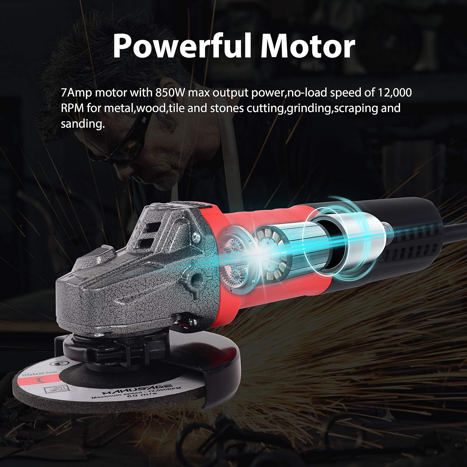 MANUSAGE 7-Amp Angle Grinder,4-1/2 inch Power Grinder with 115mm Grinding Abrasive Wheels,Cutting Abrasive Wheels and 3-Position Anti-Vibration Handle - - 