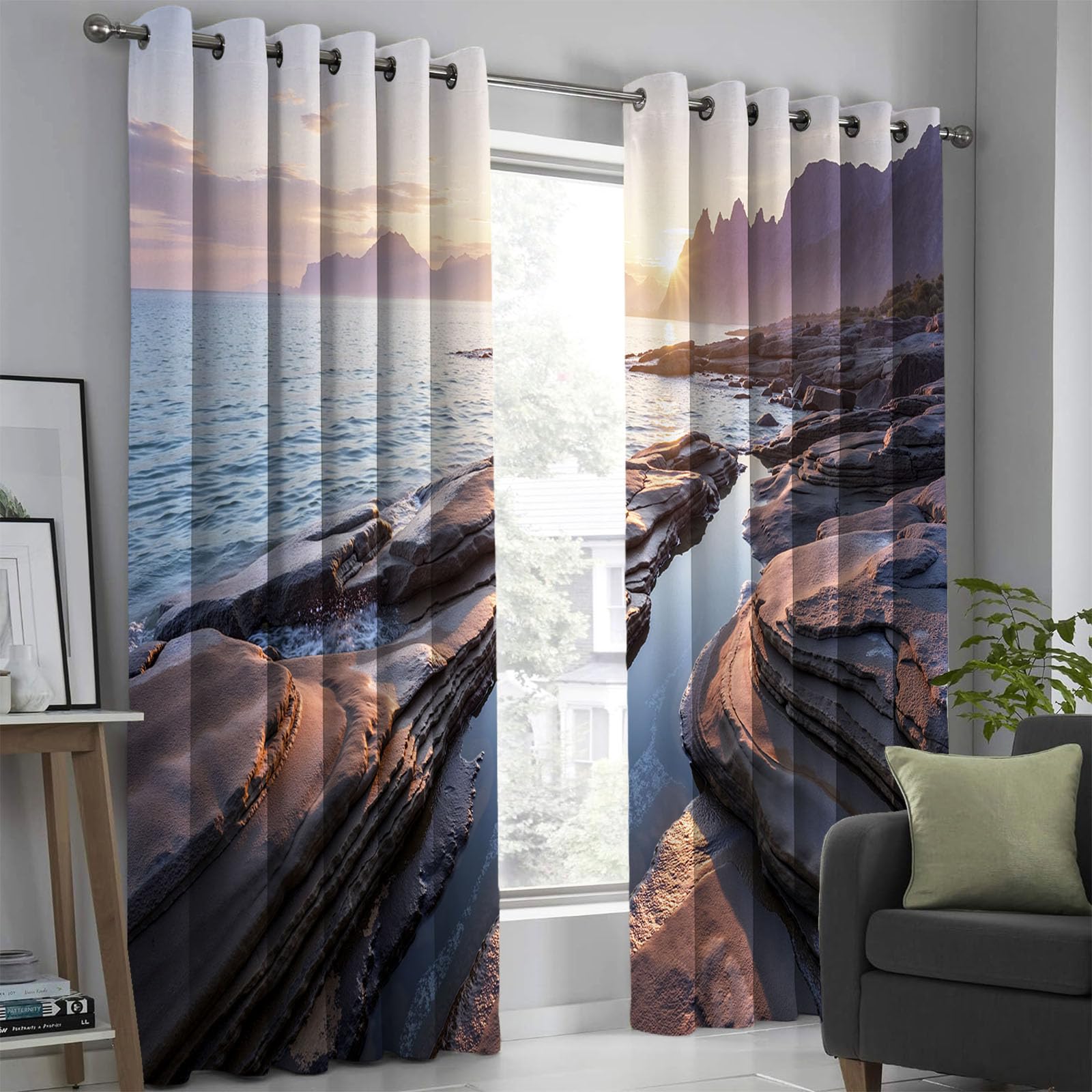 Rideau occultant plage rocheuse thermique à oeillets pour fenêtre de chambre