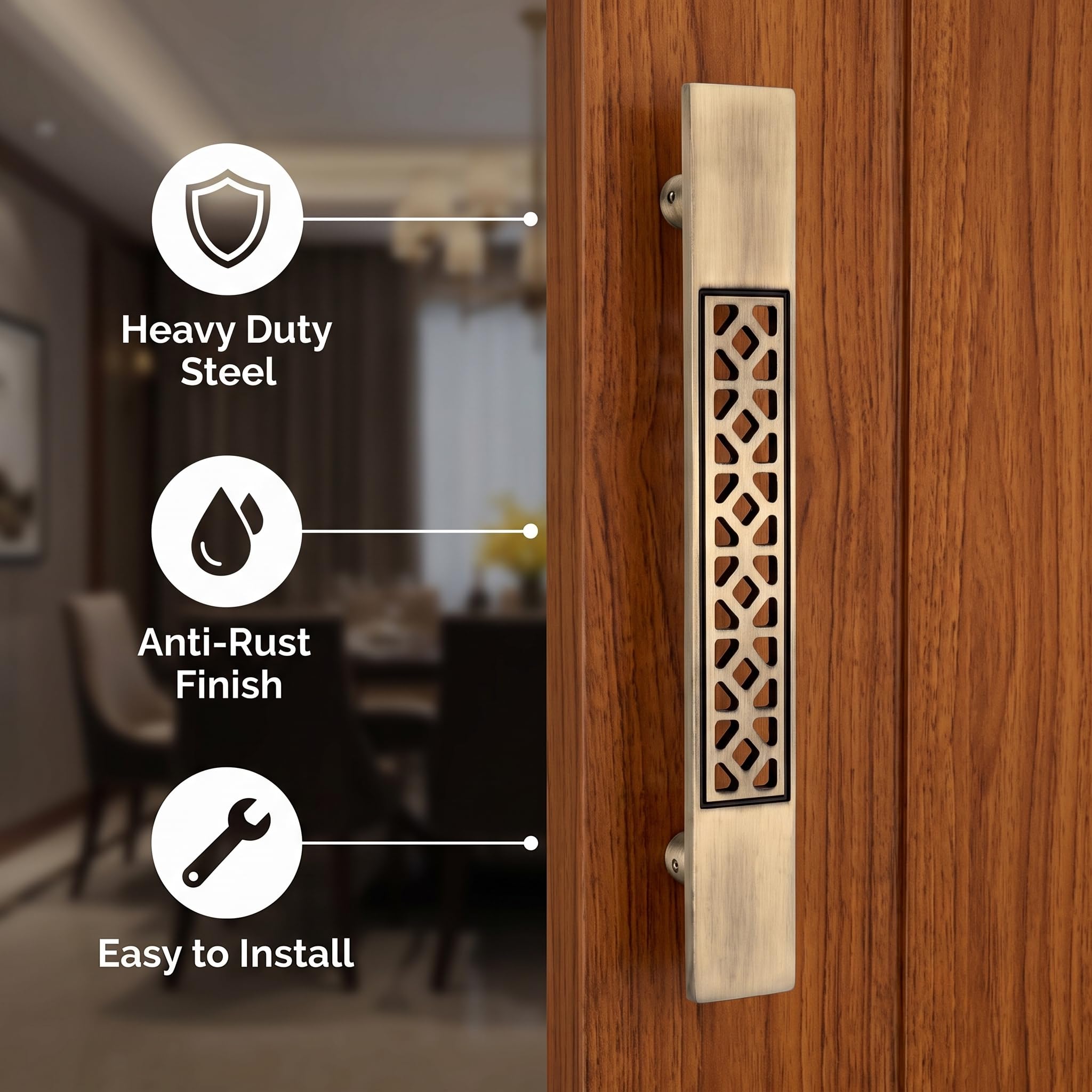 Q-SEVEN Greek Pattern Main Door Handle 12 Inch | Designer Antique Pull Push Handle for Main Door, Main Gate & Entrance | Heavy Duty Steel with Fittings | 1 Year Warranty (Antique, 12 Inch, Q20) 1