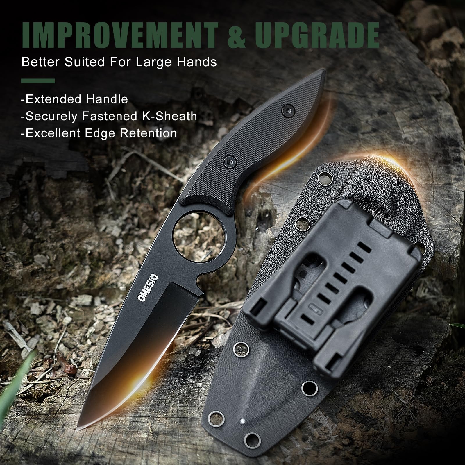 Omesio Grand couteau d'extérieur Excellente qualité 5CR13MoV acier full Tang - Lame de couteau fixe 8,5 cm - Grand de ceinture avec manche ergonomique G10 - Etui Kydex et clip inclus(Noir)