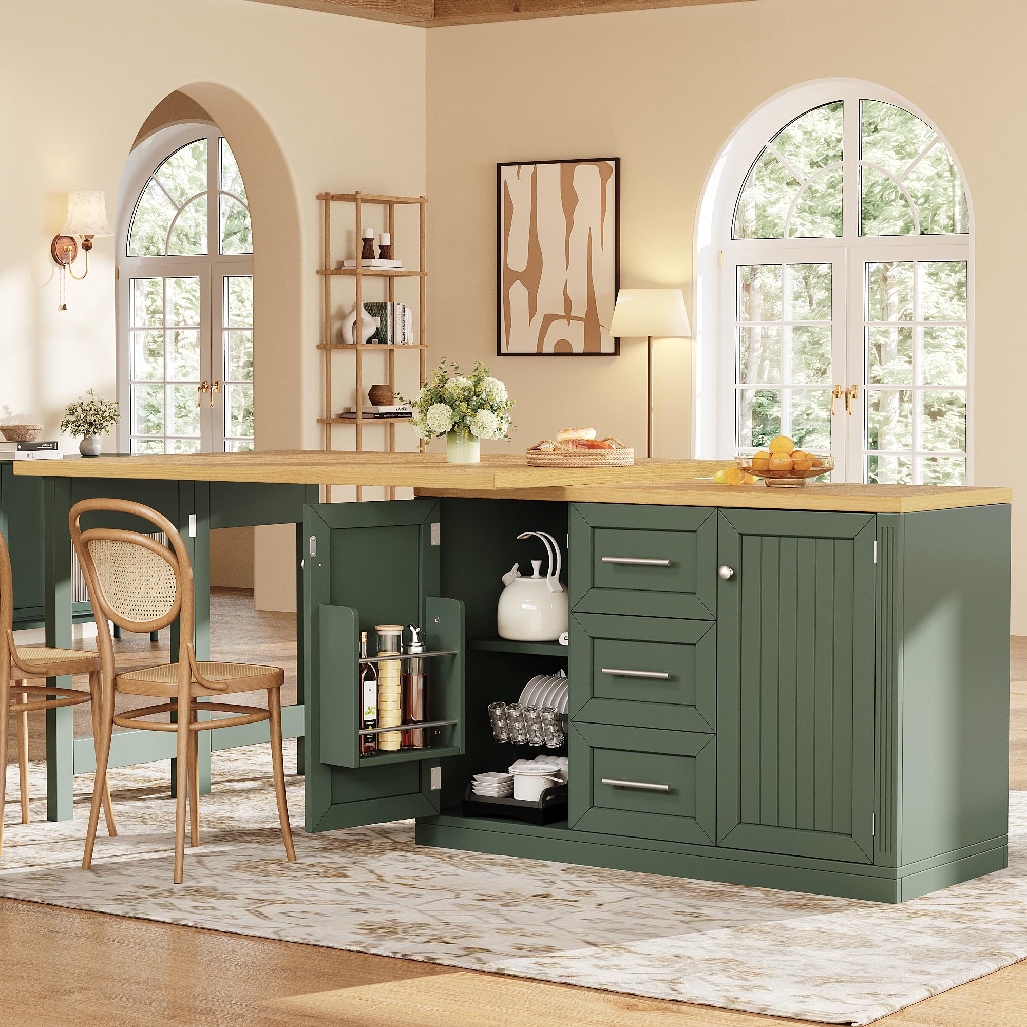 Tavolo da bar allungabile con spazio di archiviazione, tavolino da cucina girevole a 360° con piano regolabile, con 3 cassetti e 2 ante, per cucina, soggiorno, sala da pranzo, 120-197×40×74