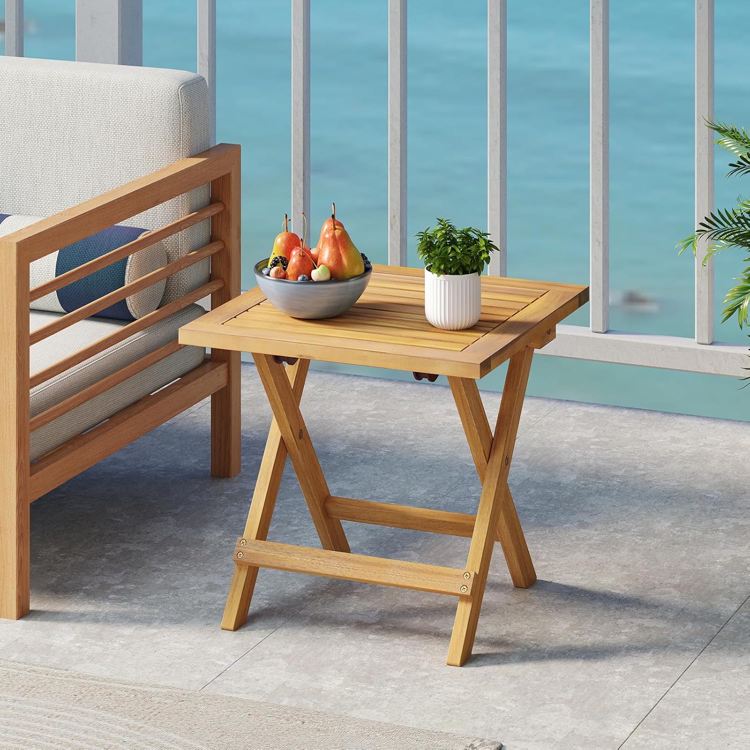 Tangkula Outdoor Folding Side Table, Acacia Wood End Table with X-Shaped Legs & Slatted Tabletop, Portable Square Patio Bistro Table for Garden, Poolside, Camping, Picnic, 16" x 16" x 16" (1)