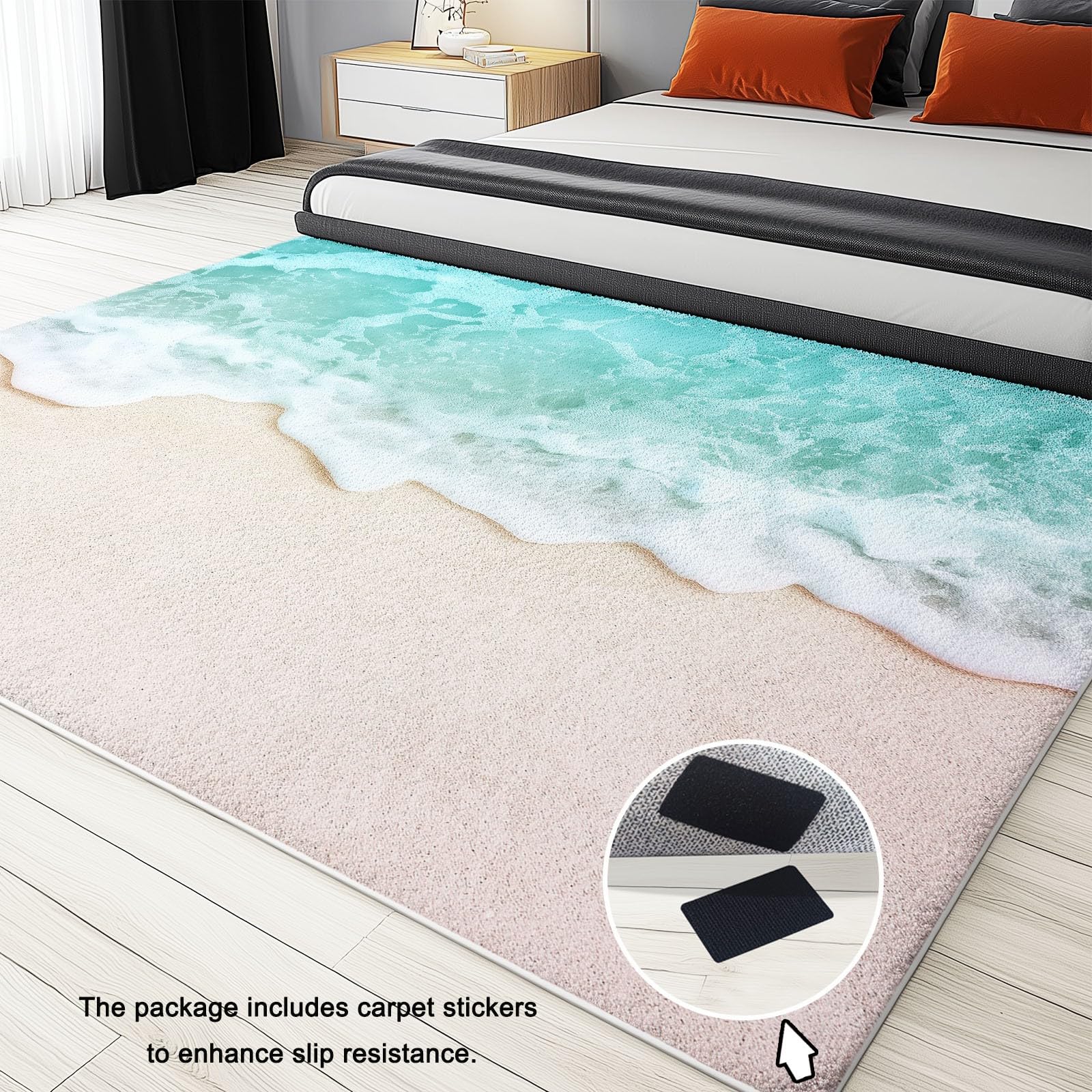 Nature Tapis de Salon, Couleur Claire Antidérapant Lavable en Machine Tapis Flanelle Douce, Moquette Motif Plage Flots pour Chambre Bureau Cuisine Decoration, 150x210 cm