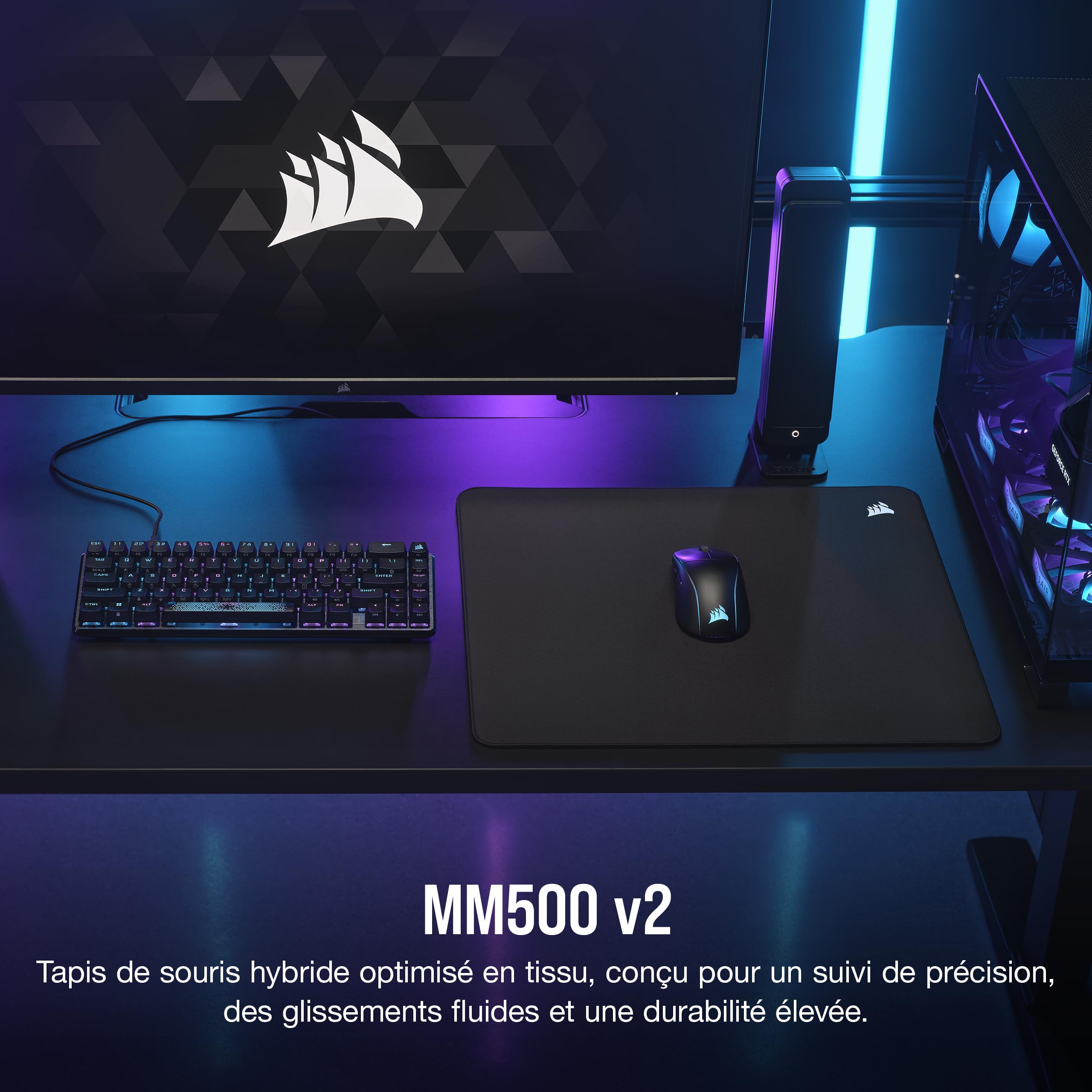 Corsair MM500 v2 Tissu Hybride Tapis de Souris Grand Format pour Le Jeu – 45cm x 40cm – Revêtement Anti–Éclaboussures – Bords Cousus Anti–Fraude – Base en Caoutchouc Antidérapante – Noir