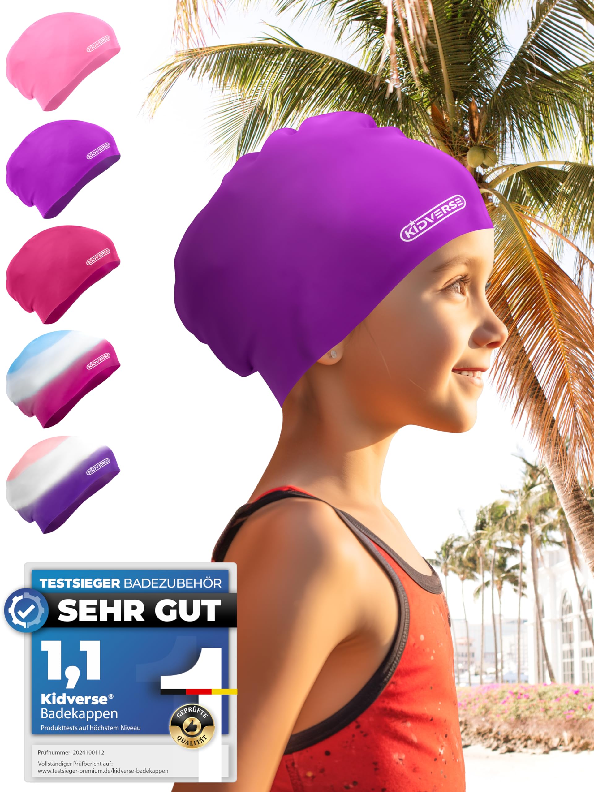 KIDVERSE Waterproof Kids Swimming Cap for Girls Swim Hat with Anti-Slip Grips - Comfortable Silicone Swim Cap Girls - Childrens Swimming Hat Kids with UV Protection