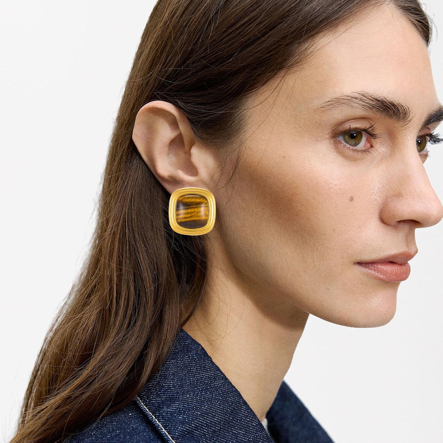 Big Gold Chunky Stud Earrings Brown Square Tiger Eye Earrings Vintage Statement Earrings Jewelry - Image 5