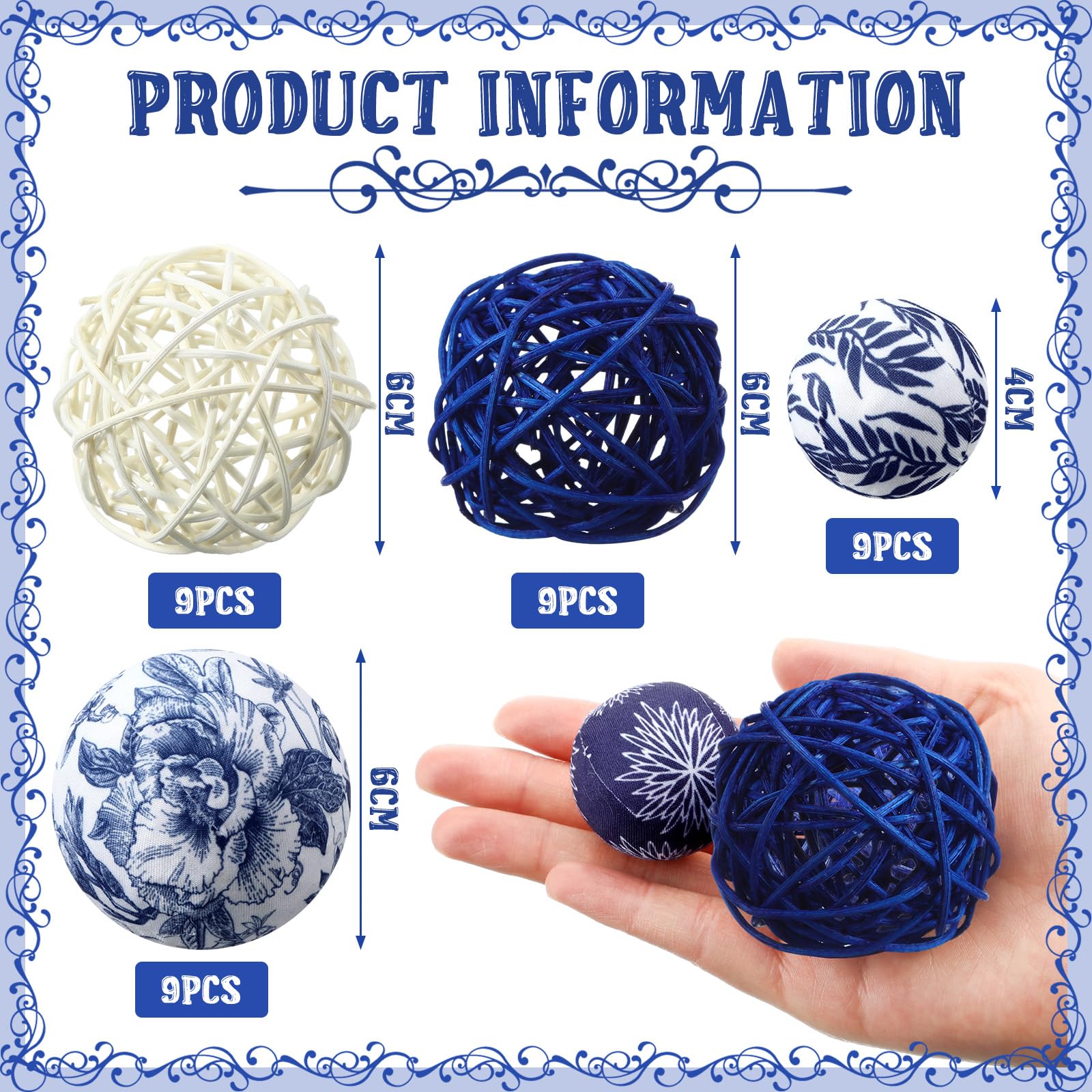 Halloscume 36 Pcs Blue and White Ornaments Chinoiserie Fabric Ball Decoration for Centerpiece Bowls 2. 4 Inch Wicker Rattan Balls 1. 57 Inch Decor Spheres Xmas Party Vases Home Table Decor(Classic)