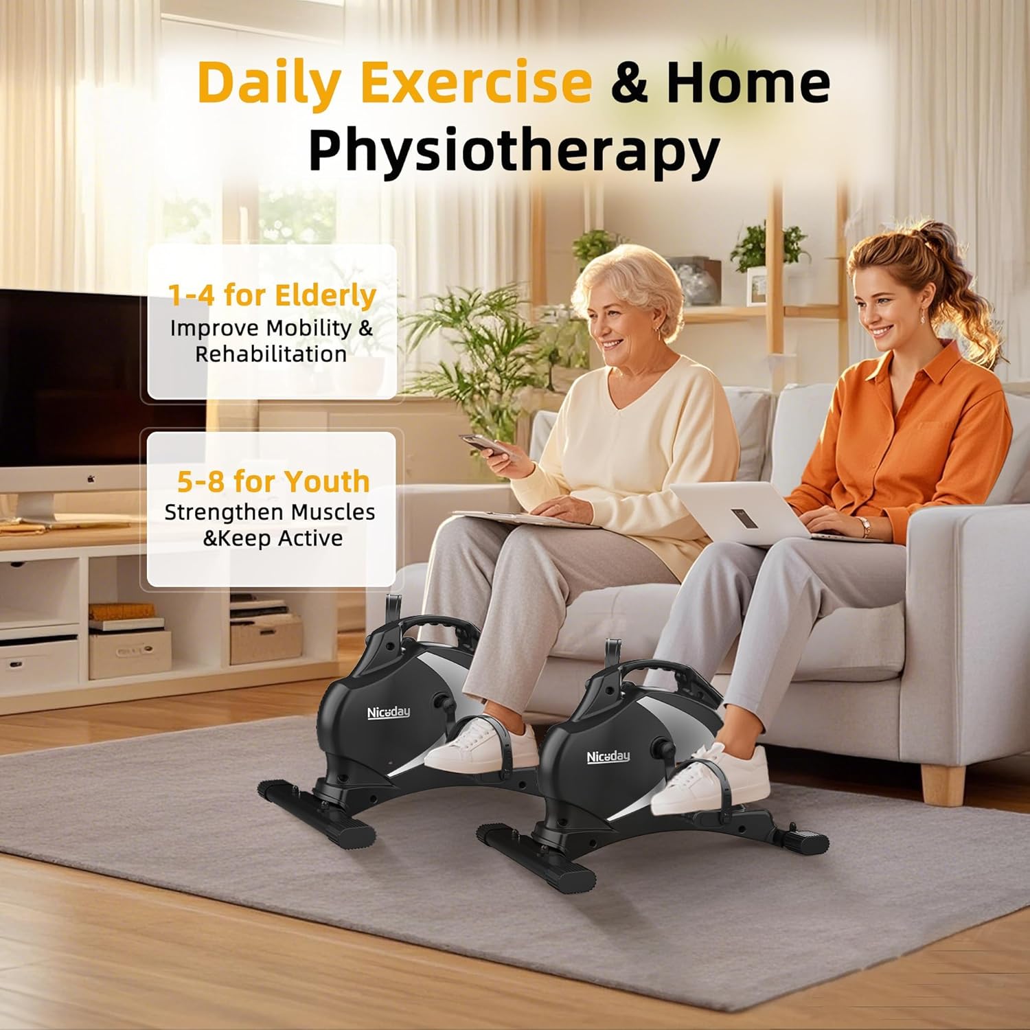 Two individuals using Niceday Pedal Exercisers, illustrating different resistance levels for elderly and youth.
