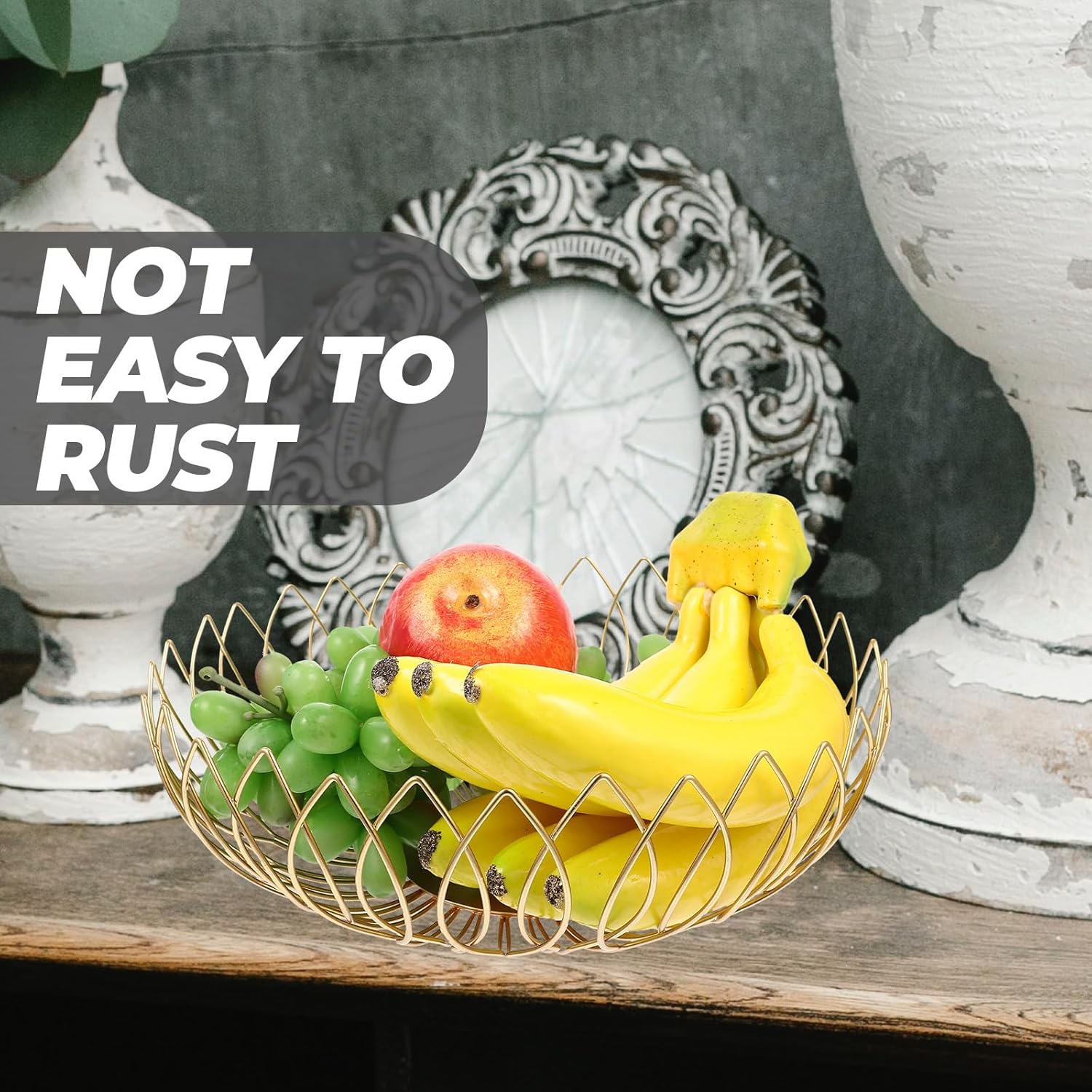 DECHOUS Gold Metal Wire Fruit Basket, 11 Inch Fruit Bowl for Kitchen Counter, Stylish Hollow Design Countertop Fruit Basket Bowl for Fruits, Snacks, Vegetables, for Kitchen Countertop, Home Table