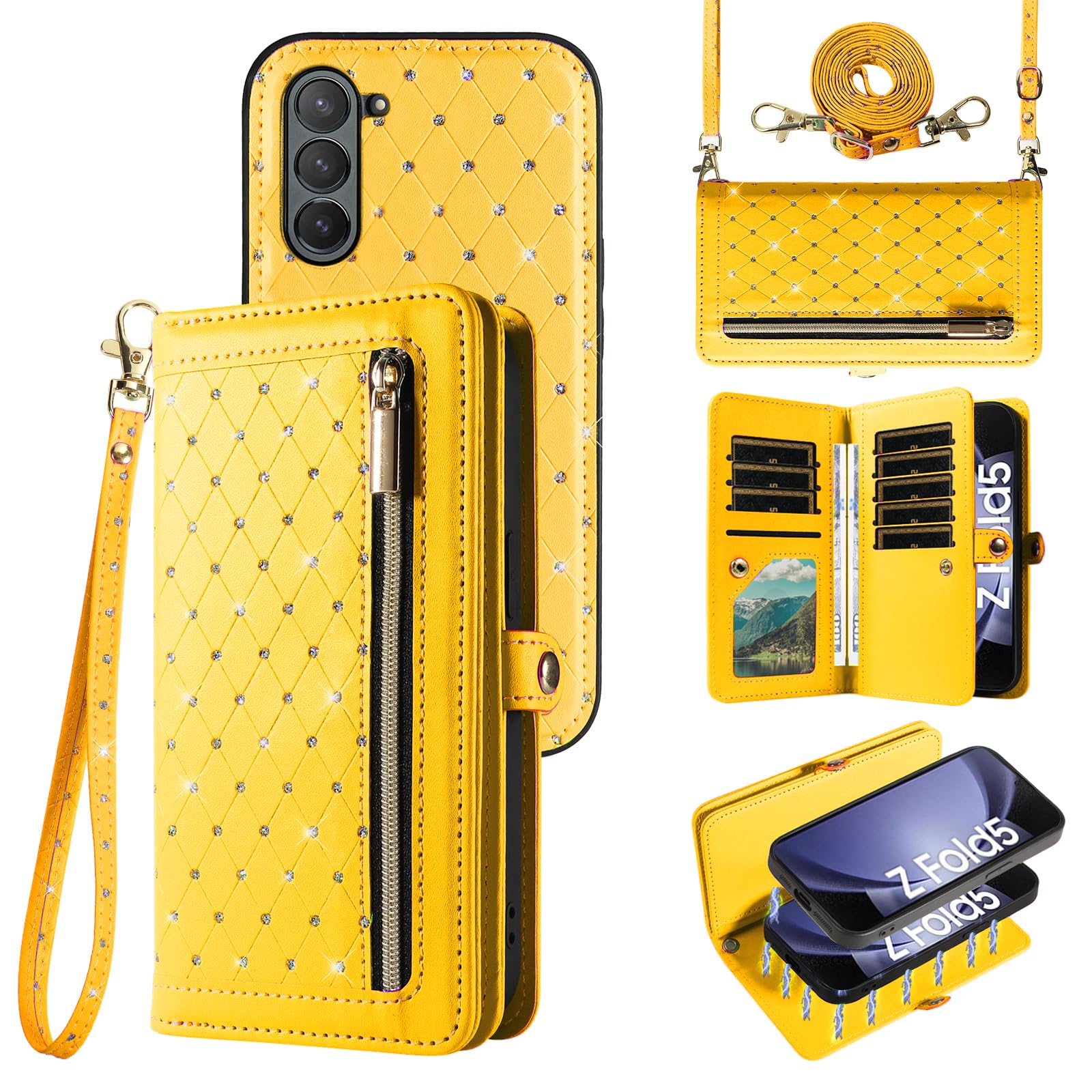 Custodia per Samsung Galaxy Z Fold 5 5G 2023 Portafoglio con cerniera Custodia magnetica staccabile a tracolla Cordino Bling Glitter Flip Porta carte di credito Slot ZFold5 Z5 G Fold5 5Z Donna Giallo