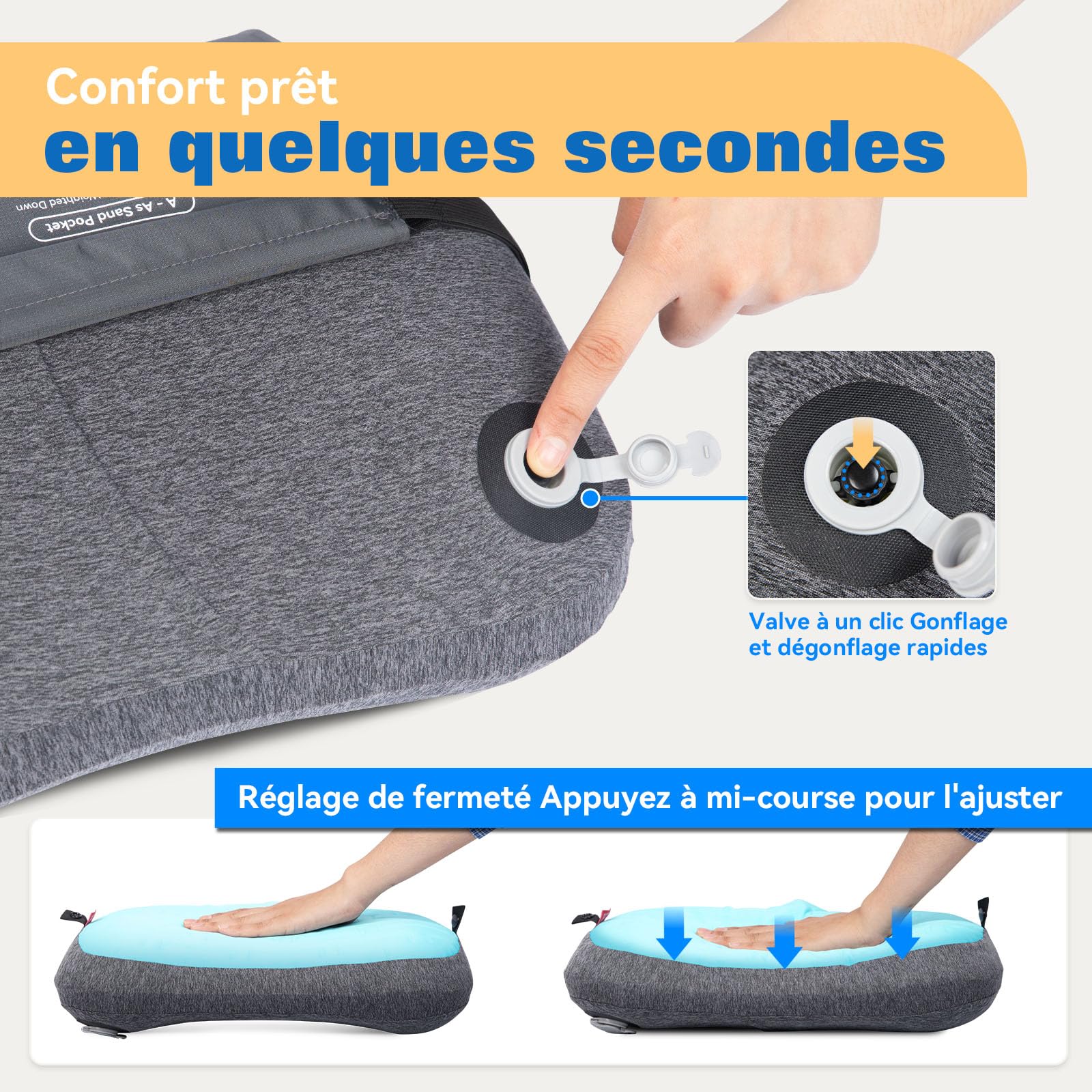 HIKENTURE Coussin de Plage Gonflable avec Taie Rafraîchissante - Compact | Ergonomique avec Tissu Frais Amovible, Fixation Élastique et Sac de Sable - Oreiller de Plage pour Camping, Piscine et Voyage
