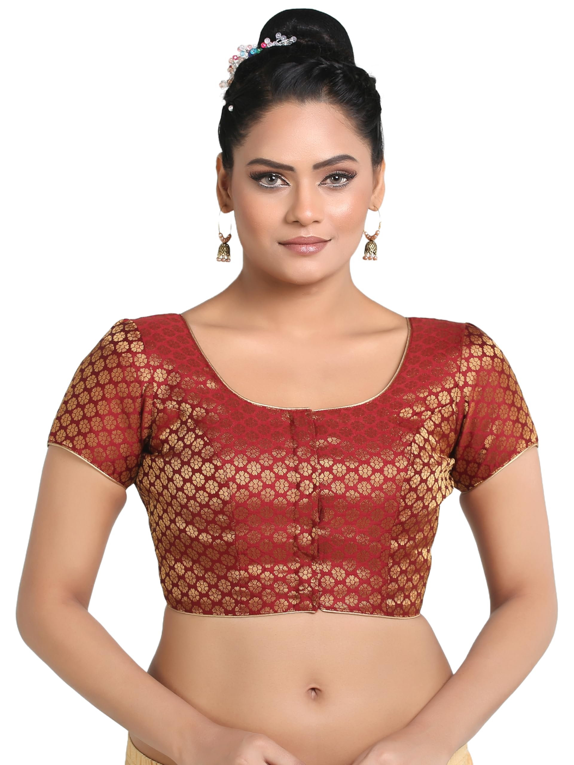 Madhu Fashion Womens Short Sleeves Banaras Brocade Readymade Saree Blouse