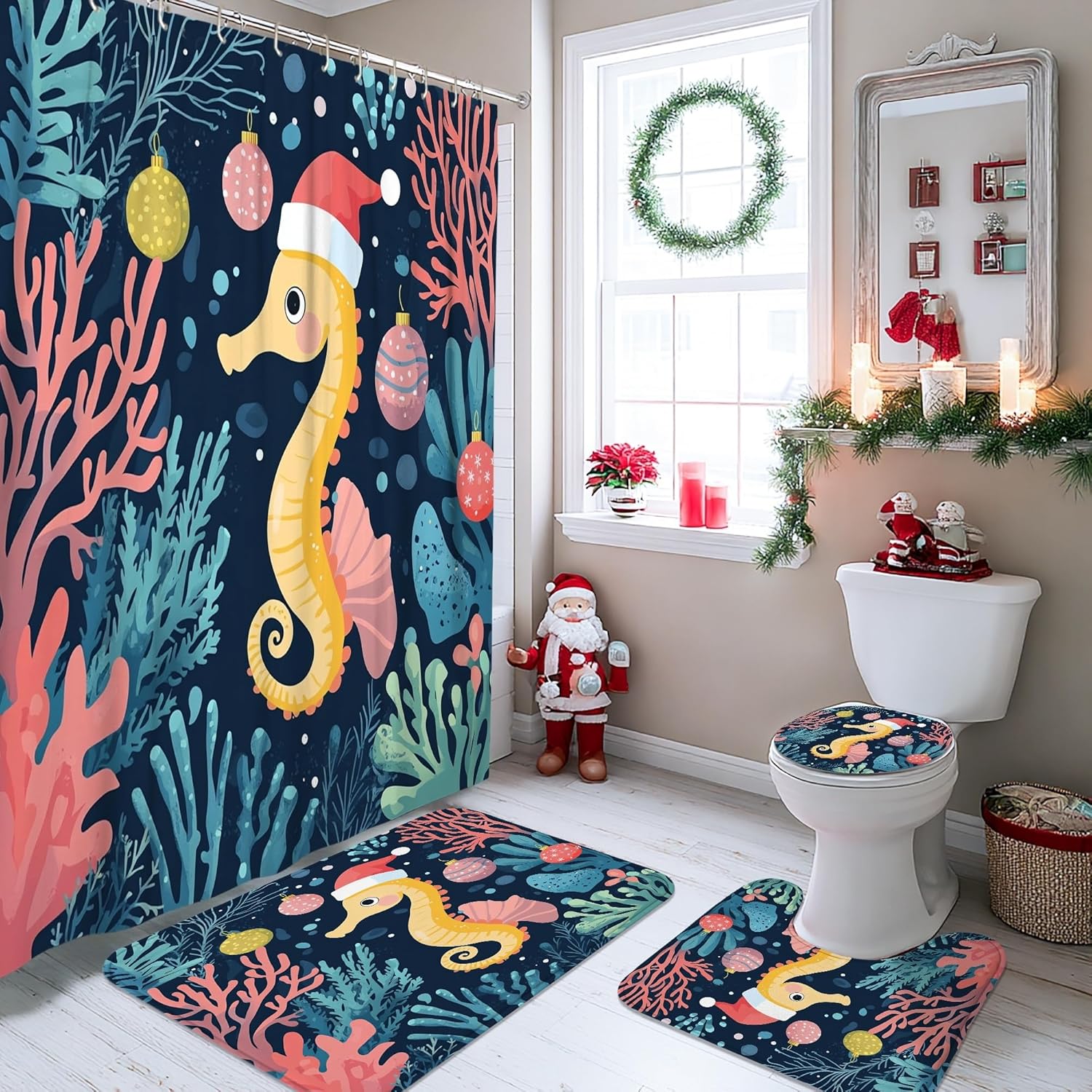 4PCS Kid Christmas Seahorse Bathroom Accessory Sets with Non-Slip Rug, U Shape and Toilet Lid Cover Mat, Fun Cartoon Ocean Sea Xmas Bathroom Decorative-72''x72''