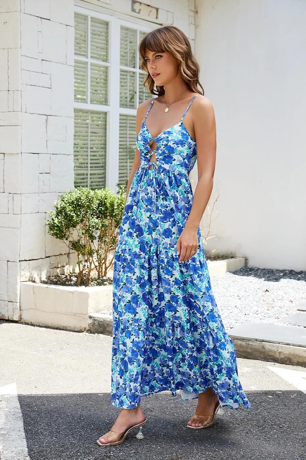 Women Floral Maxi Dress Tie Front Cut Out Backless Boho Spaghetti Strap Summer Beach Sundress - Image 6