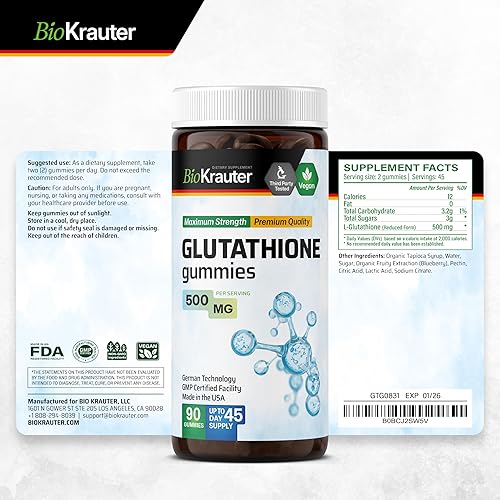 Miniatura 8 de BIO KRAUTER Gomitas de L-glutatión  500 mg  Suplemento orgánico de glutatión reducido para desintoxicación hepática, inmune y apoyo de la piel